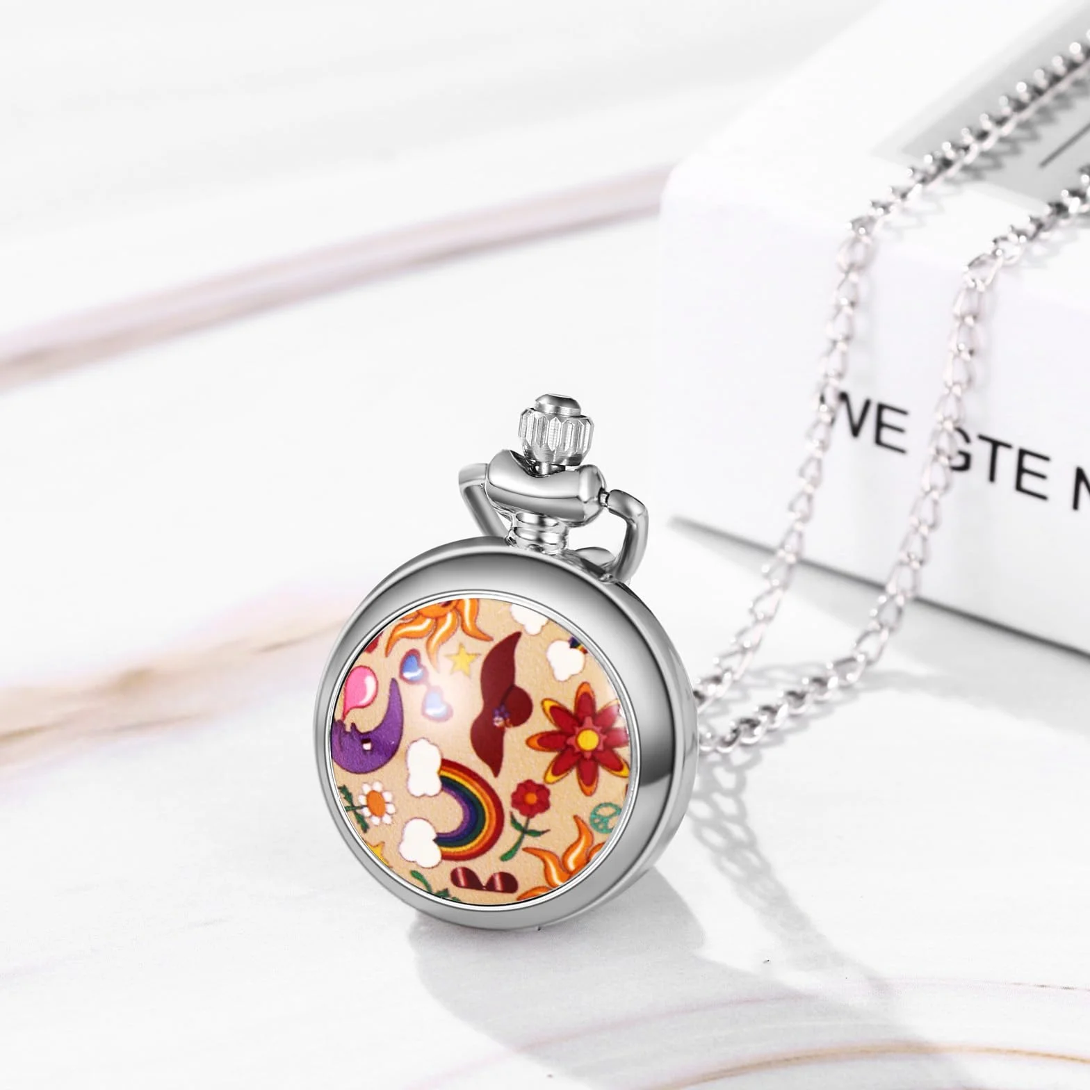 JewelryWe Zegarek kieszonkowy damski, elegancki zegarek z motywem drzewa życia/czaszki/motyla/anioła, dziewczęcy, analogowy zegarek kwarcowy z łańcuszkiem, kieszonkowy, prezent, różowe złoto, Srebrny