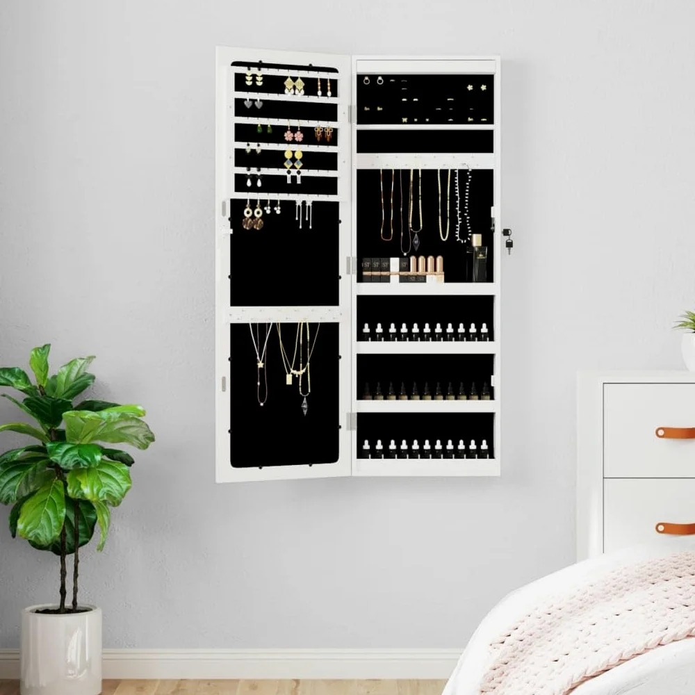 vidaXL Szafka ścienna na biżuterię, z lustrem i LED, biała