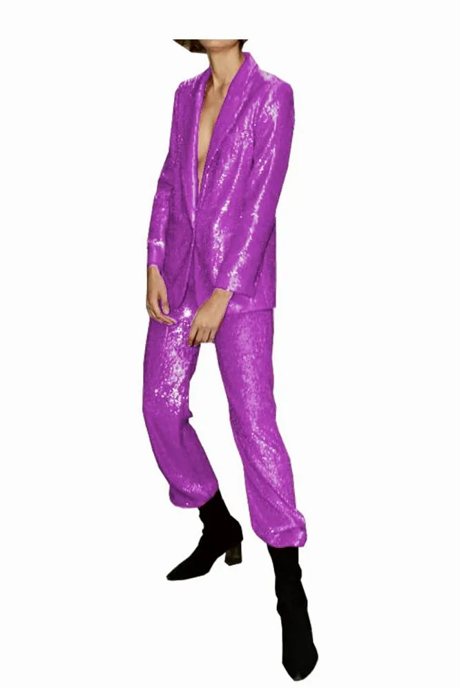 Kobiety Czarne Cekiny Garnitury Zestaw Cekiny Marynarka Błyszczący Brokat Wedding Party Wear Garnitury Spodnie Zestaw