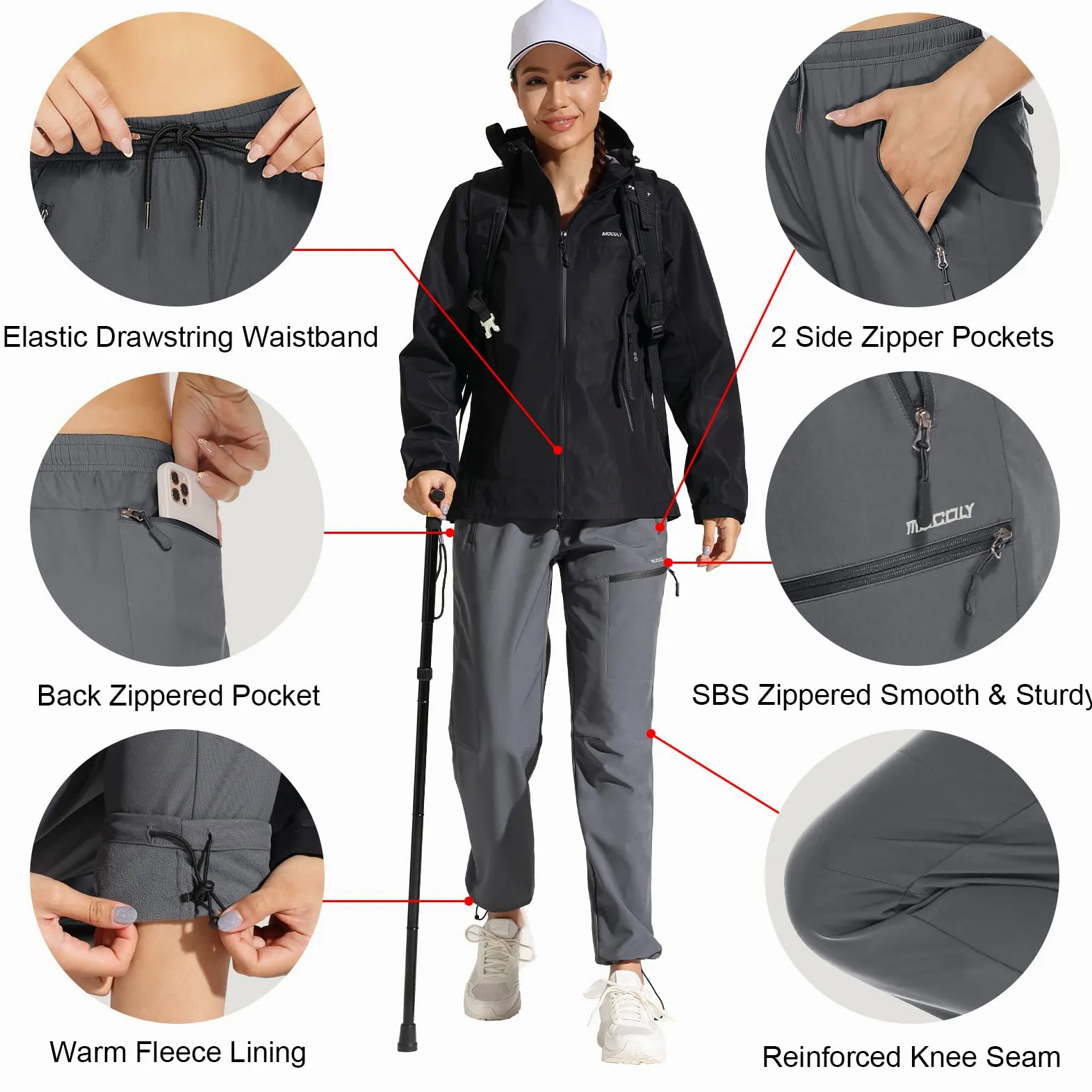 MOCOLY Damskie Zimowe Spodnie Narciarskie Ciepłe Polarowe Podszyte Softshell Spodnie Trekkingowe Wodoodporne Spodnie Outdoorowe Cargo Sports Pants na narty myślistwo na zewnątrz