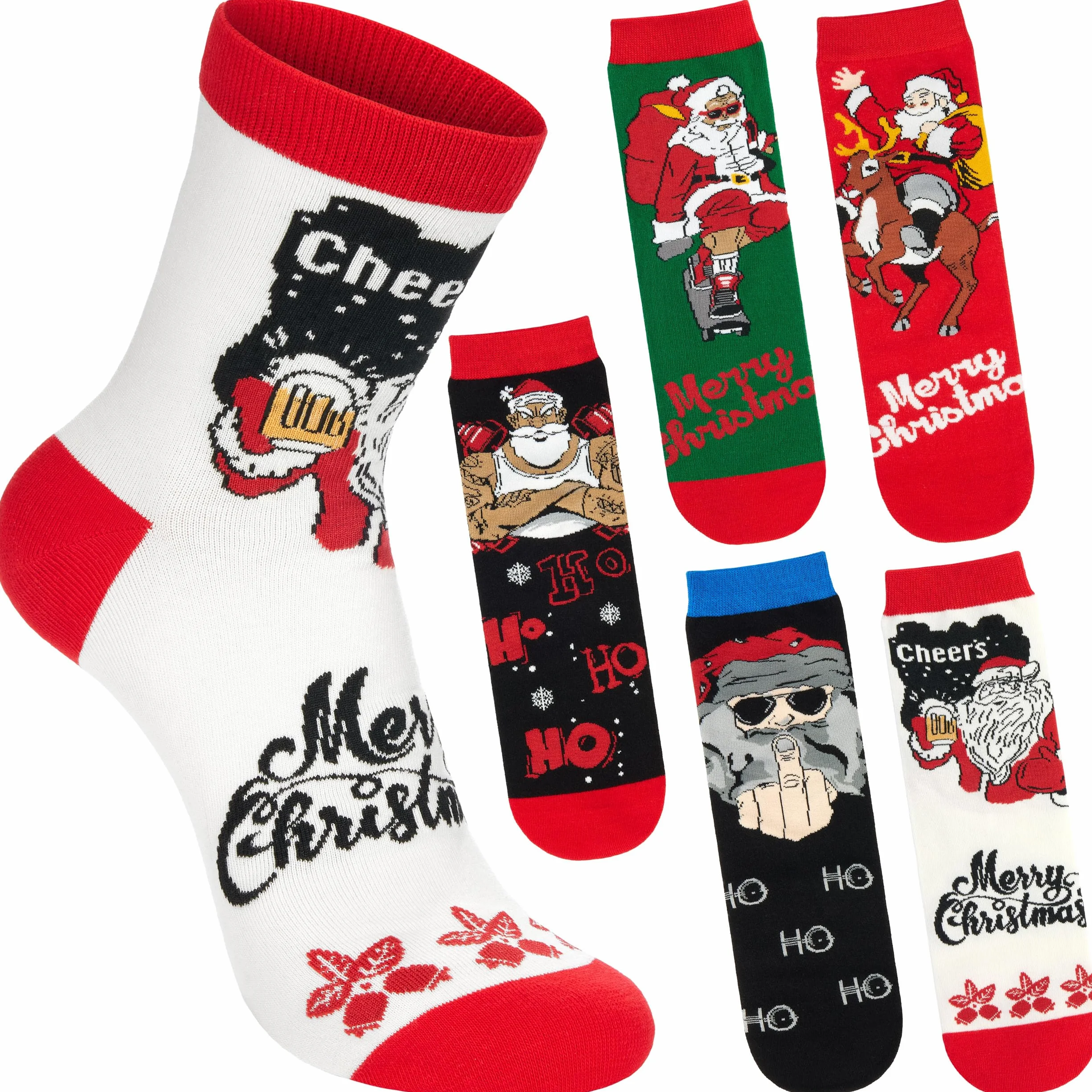 BRUBAKER 5 Par Skarpetek Świątecznych - Cool Santa - Kolorowe i Stylowe Skarpetki Bożonarodzeniowe dla Mężczyzn - Zabawny Zestaw Skarpet Męskich - Bawełniane Stopki z Mikołajem - Rozmiar 41-45