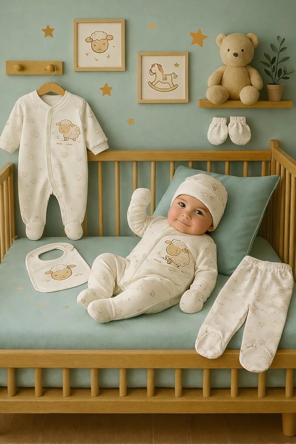 Blue Eyes Zestaw prezentowy dla noworodków – 6-częściowy komplet pierwszego wyposażenia z 100% naturalnej bawełny, certyfikat Oeko-Tex, miękki zestaw unisex dla niemowląt 0–4 miesiące (Jagnięce)
