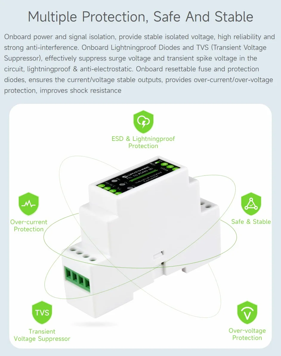Waveshare Rail-mount TTL To RS485 Galvanic Isolated Converter 600W Lightningproof & Anti-Surge Multi-Isolation Protectio Longer Transmission Distance