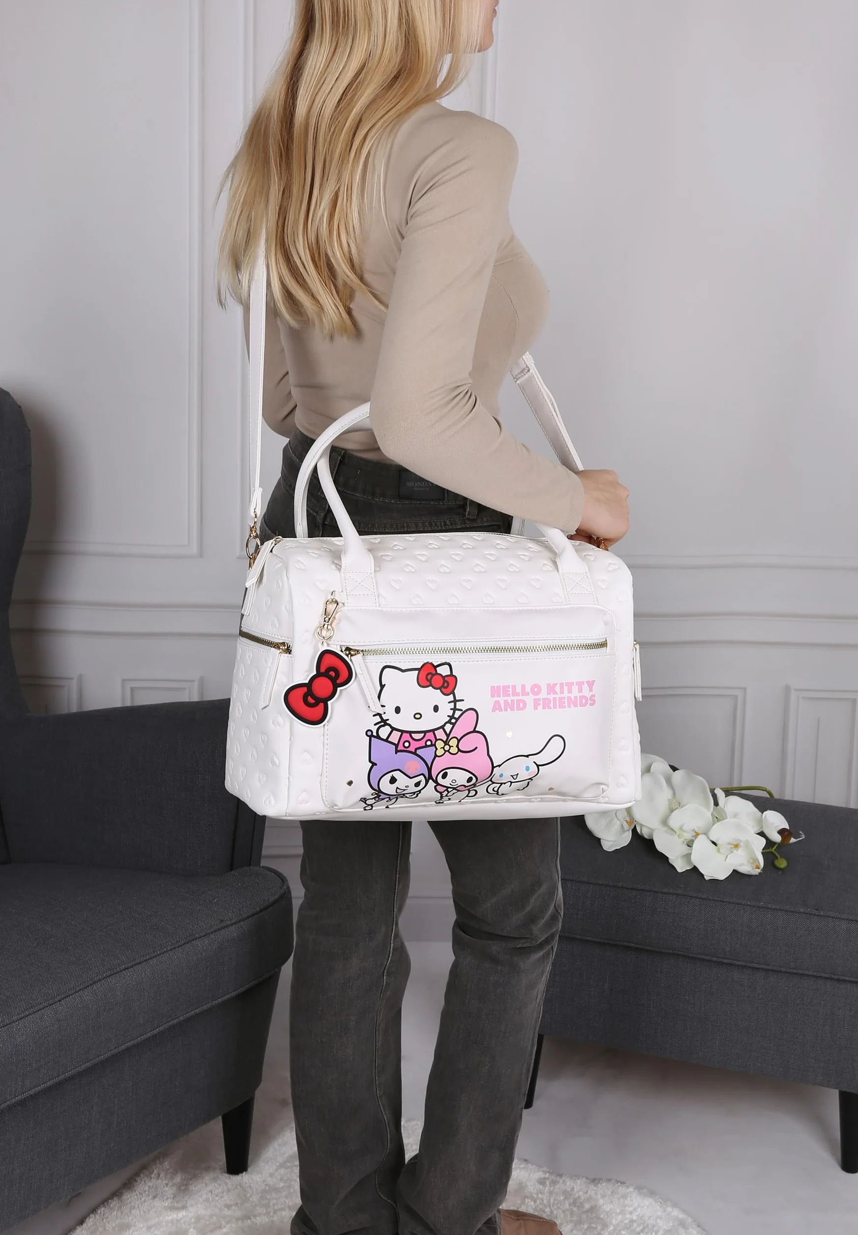 Hello Kitty torba podróżna, torba turystyczna, torba weekendowa na zamek, biała 38x26x16 cm