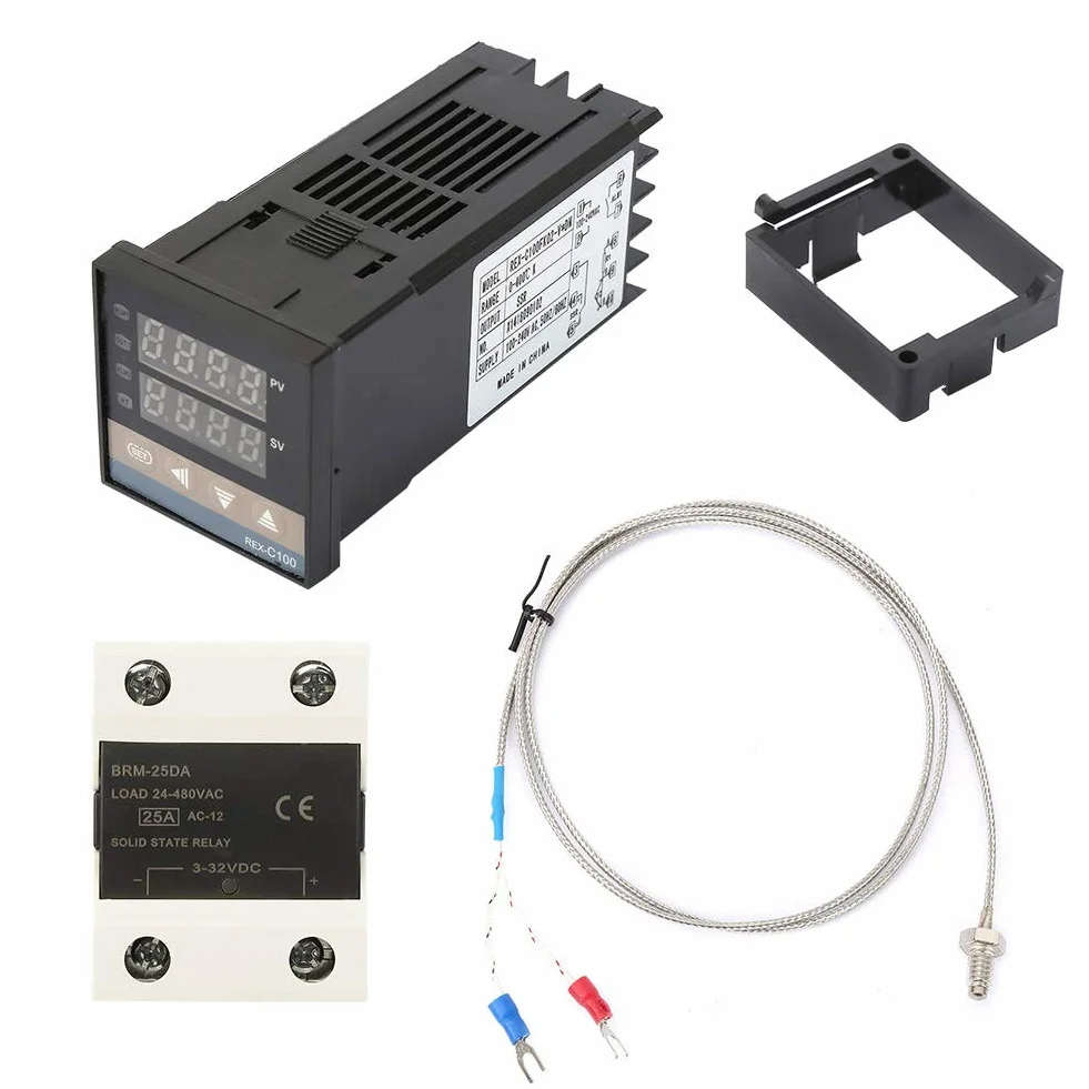 Zestaw regulatora temperatury PID cyfrowy z SSR 25A, termopara M6 K 1m, zakres 0-400°C, sterownik do pieca i grzania, kompatybilny AC110-240V