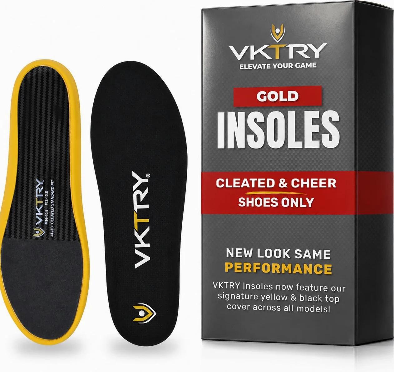 VKTRY Wkładki Performance - złote VK do sportów Cleated - Wkładki do butów amortyzujących wstrząsy z włókna węglowego - piłka nożna, baseball, softball, lacrosse, jazda na rowerze, rugby i inne, waga