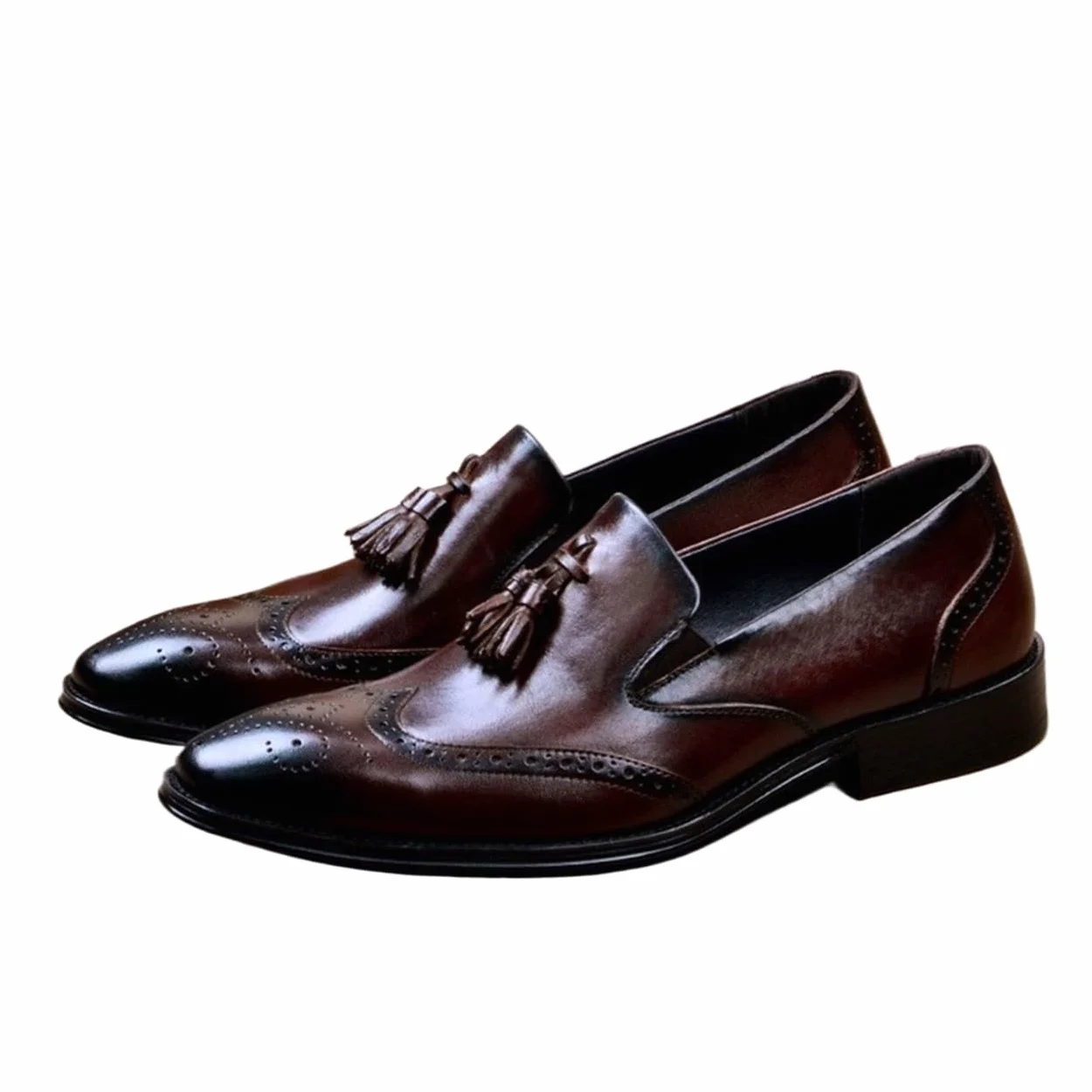 Rui Landed Oxford dla mężczyzn półbuty wsuwane styl premium skóra naturalna mokasyny na co dzień niski obcas blokowy frędzle rzeźba końcówka skrzydła szpiczasty nosek