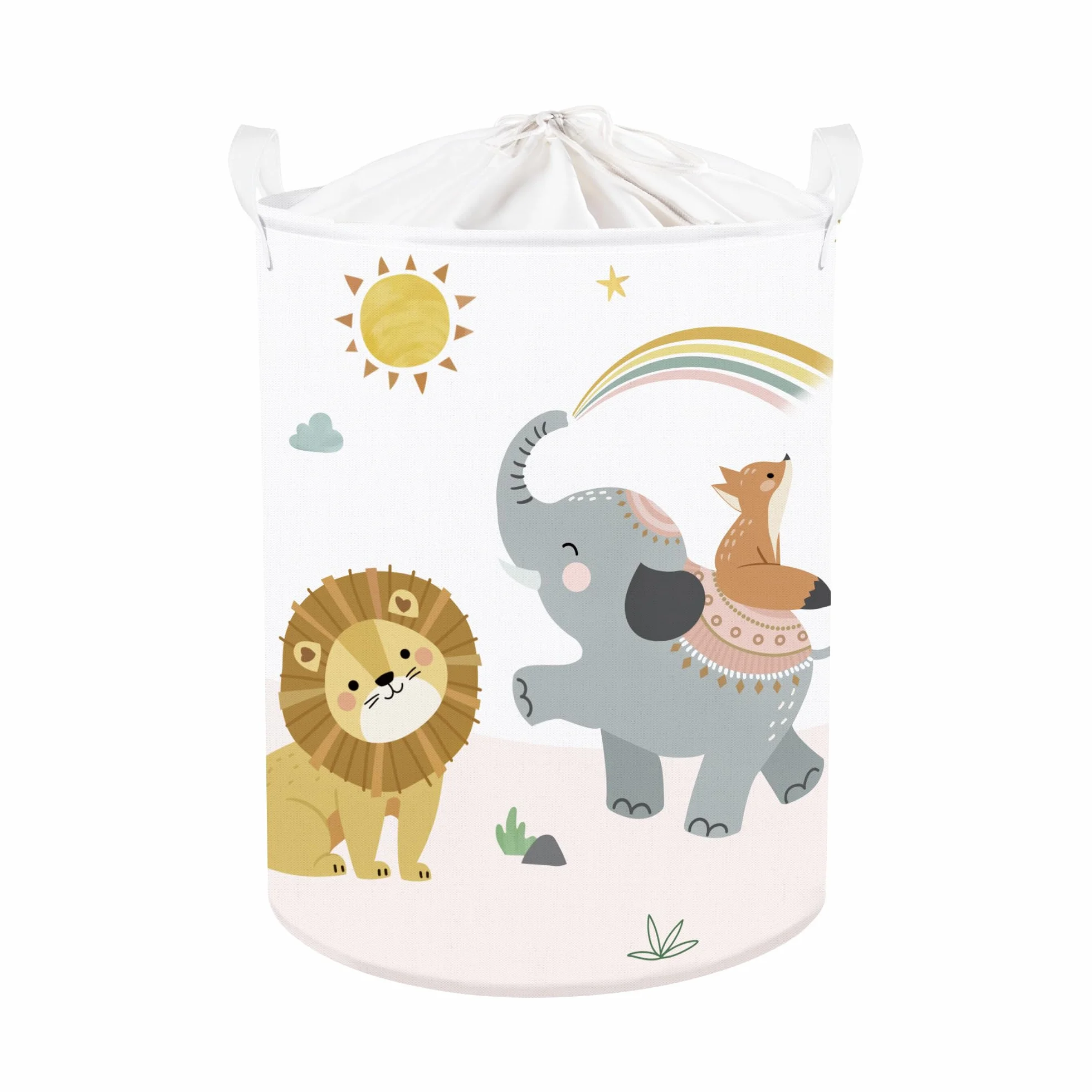 Clastyle 45L Kreskówka Lew Słoń Biały Kosz na Pranie dla Dzieci Fox Rainbow Sun Okrągły Kosz do Przechowywania Ubrań dla Dzieci, 36 × 45 cm