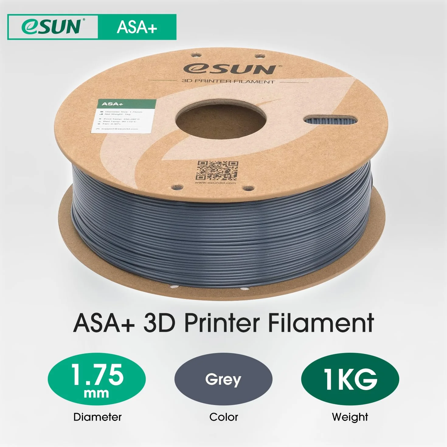 eSUN ASA+ Filament 1,75 mm, odporny na warunki atmosferyczne filament do drukarek 3D do zewnętrznych części funkcjonalnych, 1 kg szpula filamentu do drukarek 3D (Szary, 1KG)