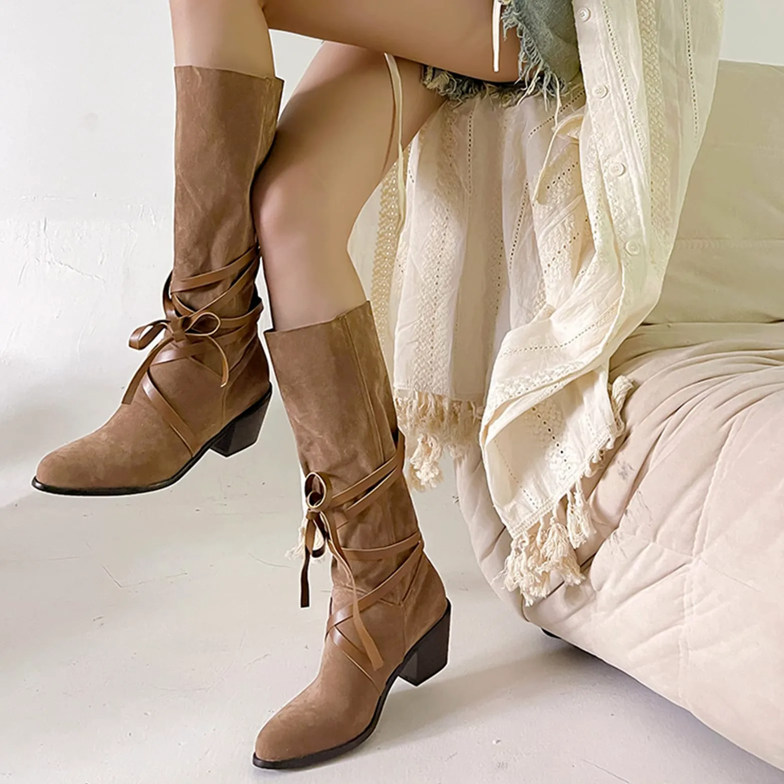 CUTEHEELS Damskie buty w stylu vintage, wsuwane na kolanach, wysokie i średnie łydki, z obcasami blokowymi i spiczastym noskiem, morela, 41 EU