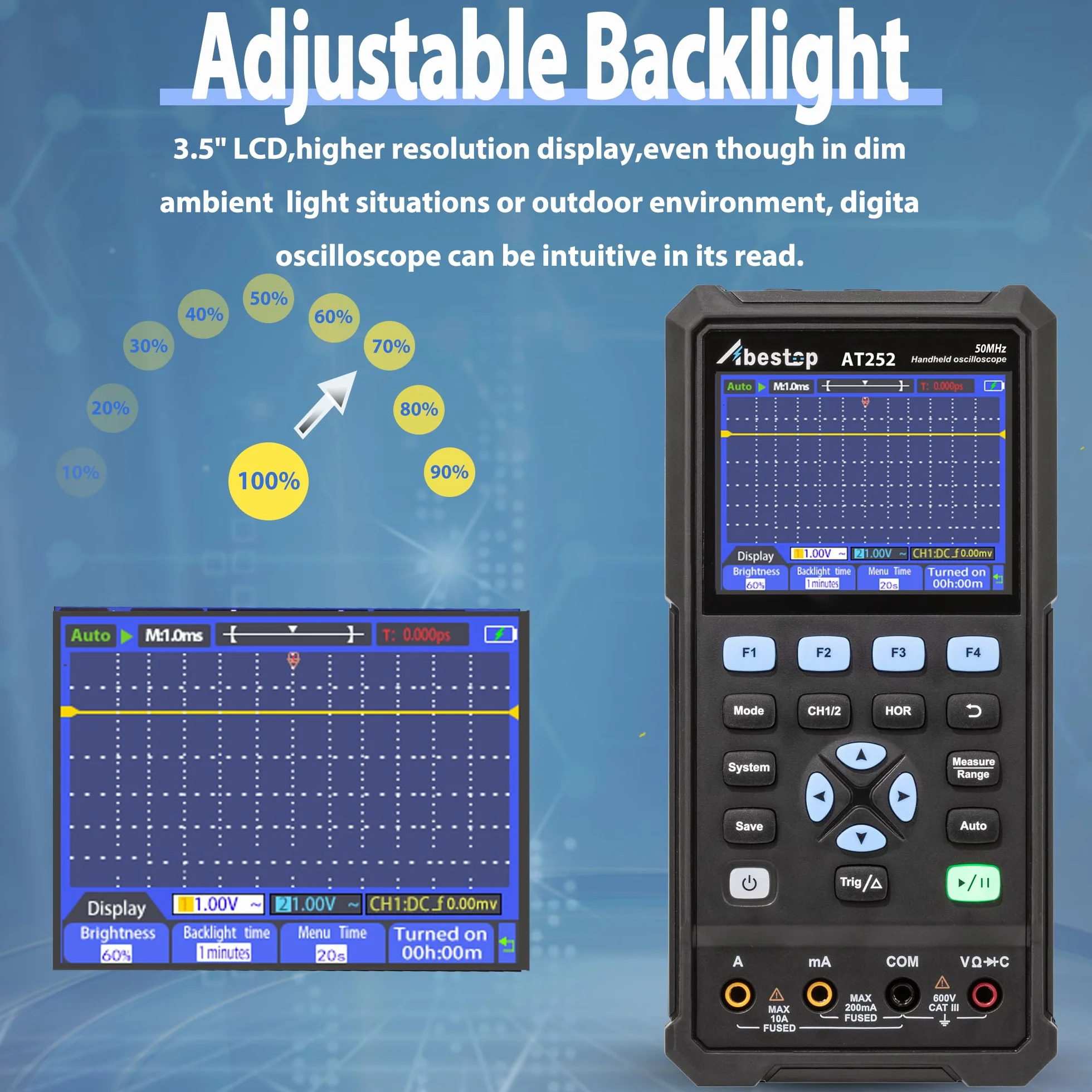 Abestope AT252 50MHz Bandwidth Oscilloscope Handheld Digital 2 in 1 Oscilloscope + Multimeter with 2 Channels and 3.5 inch LCD
