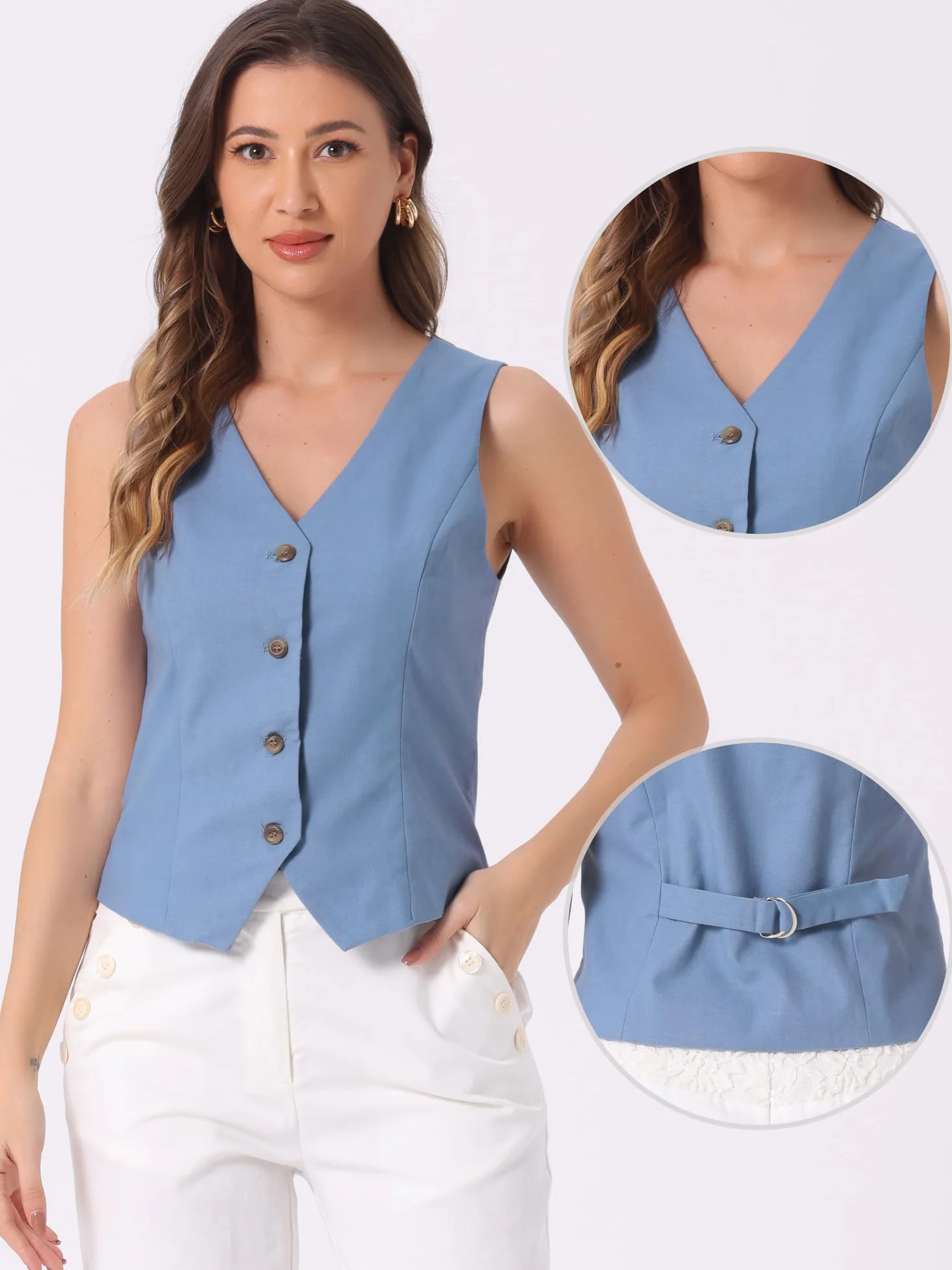 Allegra K Damska Kamizelka Kamizelka Moda Bez Rękawów Guzik Down V-Neck Crop Top Kamizelka Staniczna