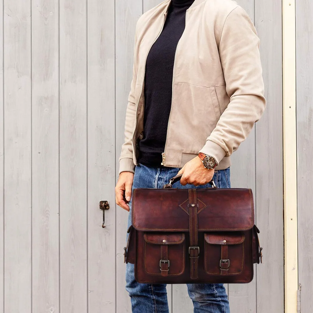 Skórzana torba Vintage Laptop 18 cali Męska Brązowa Aktówka
