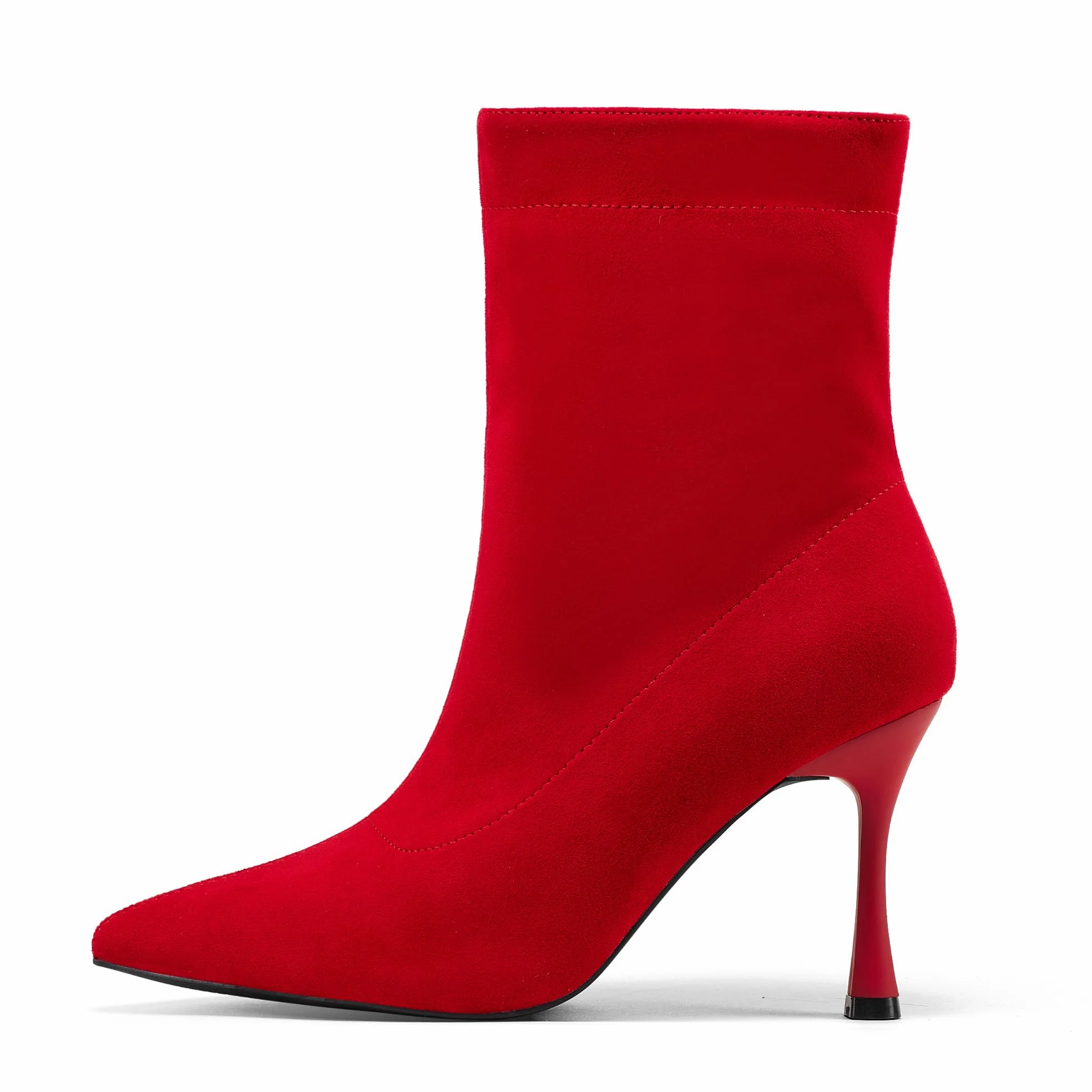 Damskie botki 9 cm szpiczasty nosek - średni obcas szpilki buty robocze dla kobiet modne krótkie buty czarne 8, Czerwony zamsz, 39 EU