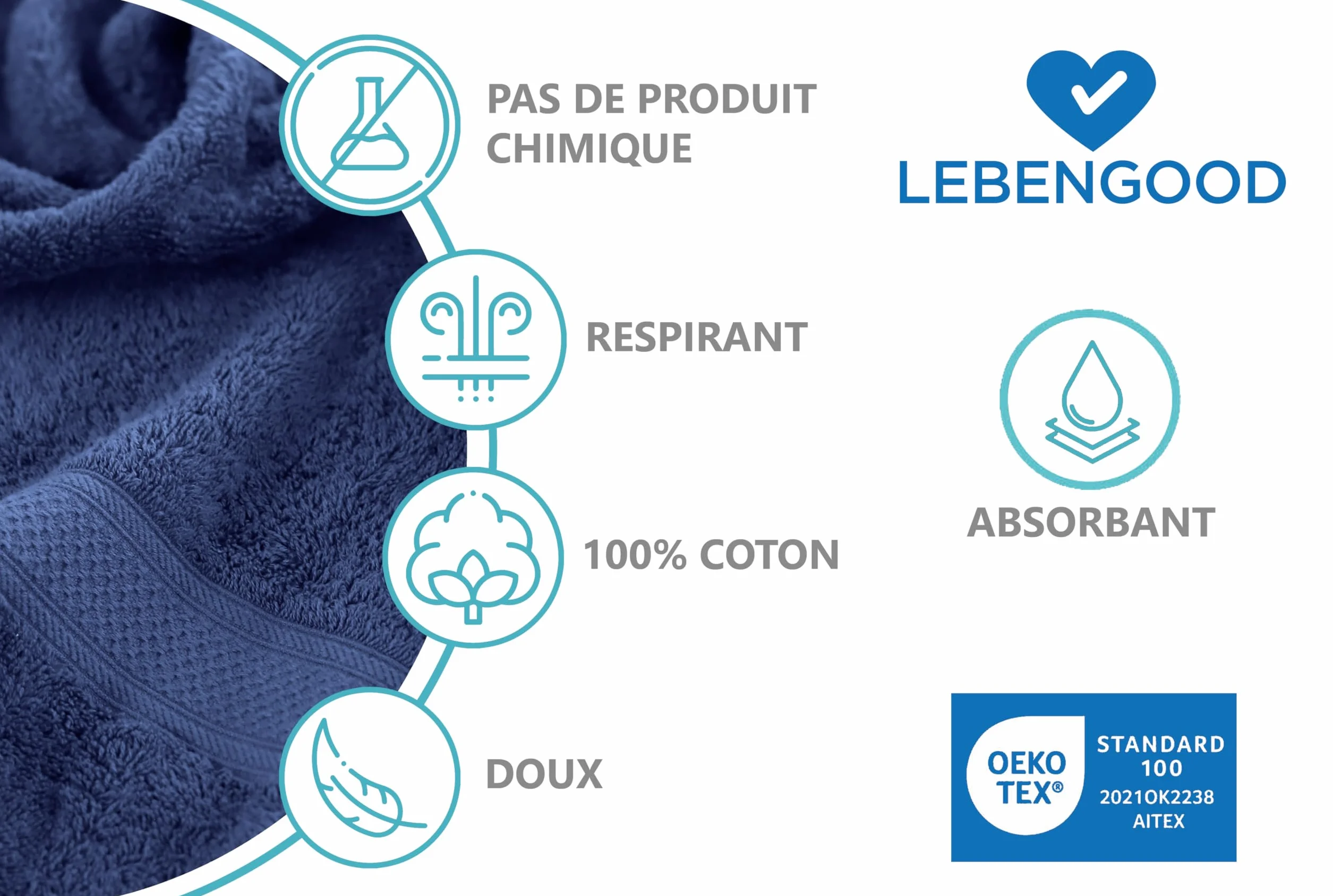 LEBENGOOD Szlafrok męski 100% amerykańska bawełna frotte 400 g z paskiem, kieszeniami, miękki szlafrok pod prysznic