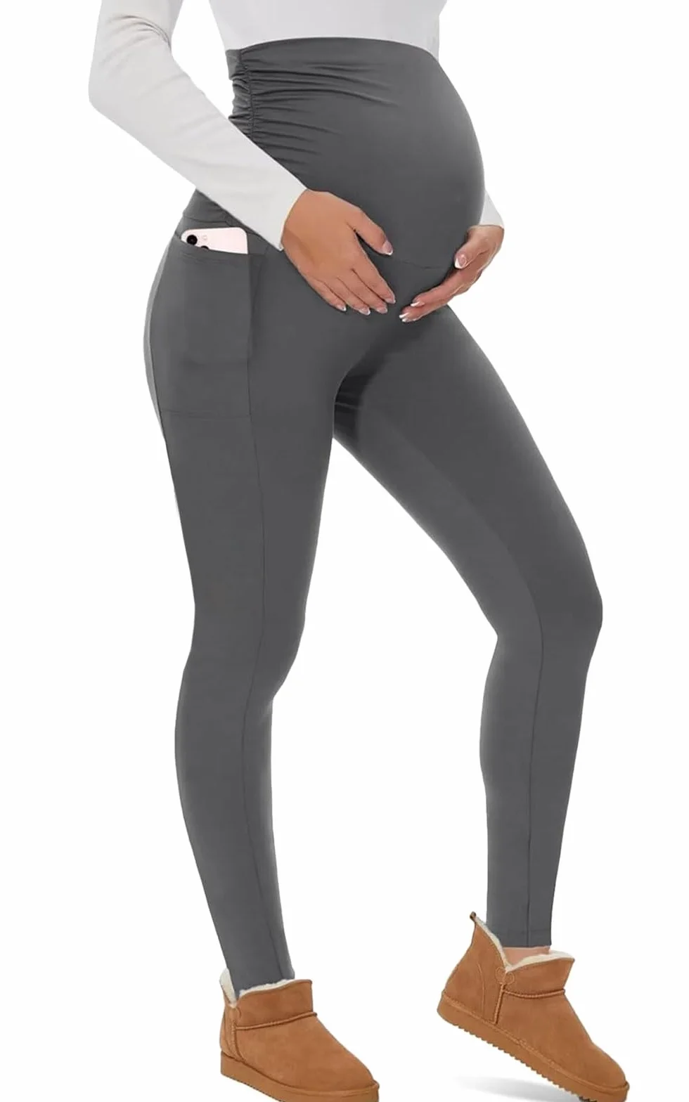 Yutdeng Legginsy ciążowe dla kobiet z wysokim stanem, legginsy ciążowe, nieprzezroczyste, legginsy ciążowe, elastyczne spodnie ciążowe, miękkie legginsy w ciąży z kieszeniami, modna odzież w ciąży