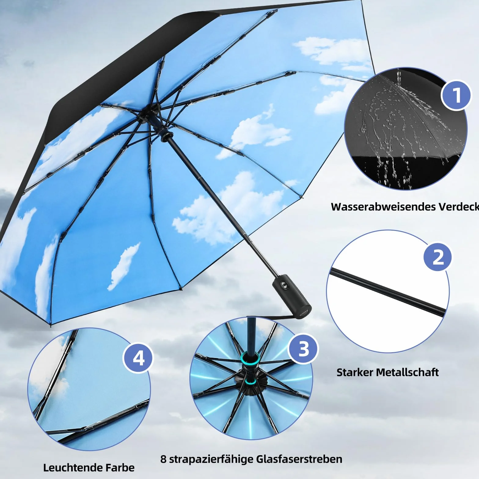 Parasol odporny na burzę, kompaktowy parasol kieszonkowy, automatyczne otwieranie i zamykanie, odpowiedni dla mężczyzn i kobiet, Niebieskie niebo i białe chmury., ma?y