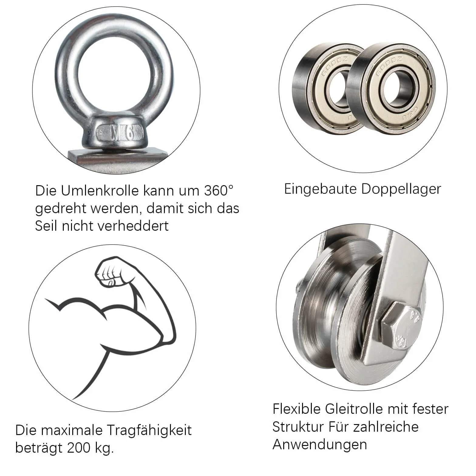 Rolka zwrotna 40 mm z 2 łożyskami kulkowymi, bloczek fitness ze stali nierdzewnej, rolki zwrotne do lin 8 mm liny stalowe, nośność 200 kg, 1 sztuka