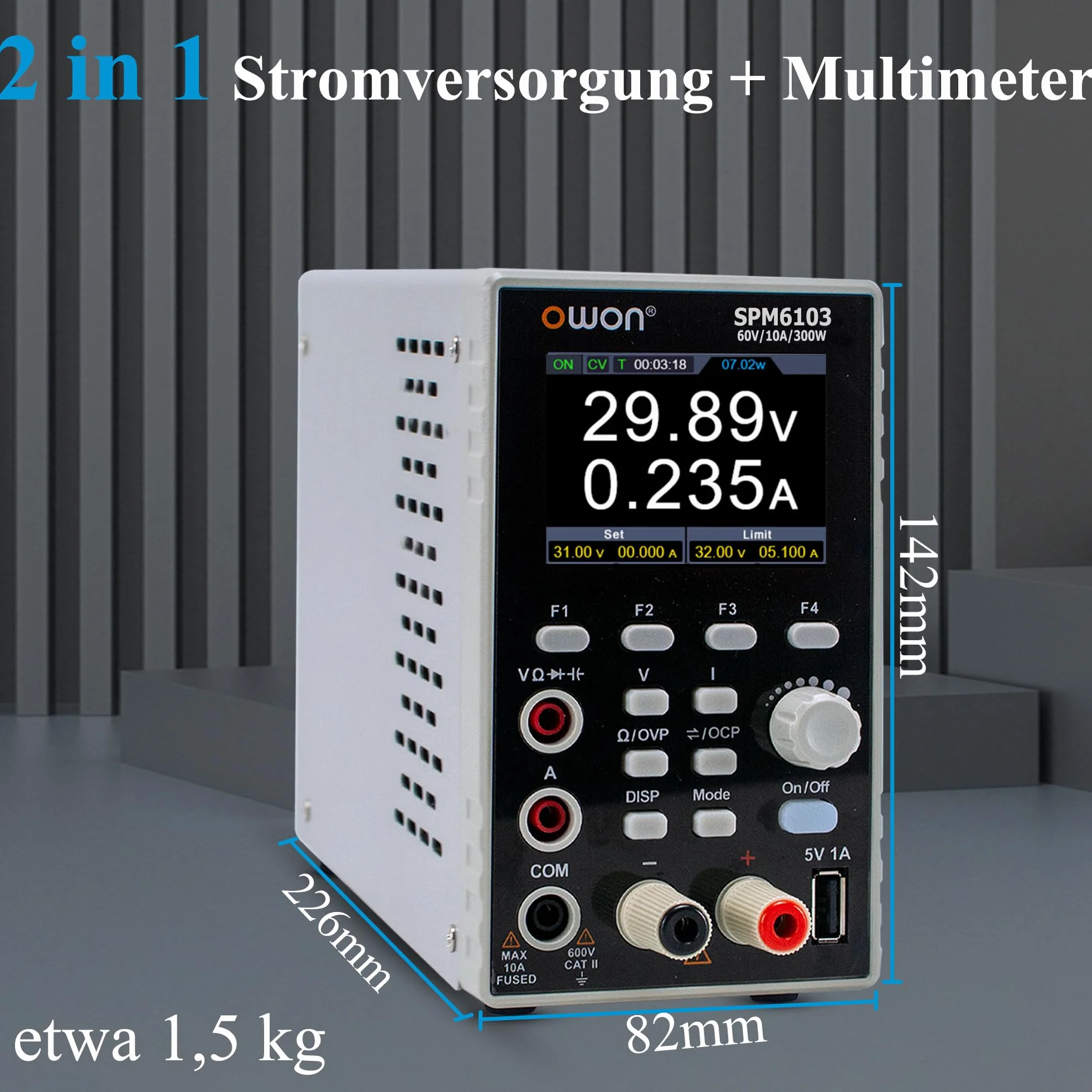 OWON Zasilanie DC Z Multimetrem 2 W 1, Moliwo Regulacji, Zasilanie Laboratoryjne, 10 MV/1 MA, Wysoka Rozdzielczo, 4 1/2 Cyfrowy Multimetr, Wywietlacz 2,8 Cala (300 W/60 V/10 A/SPM6103)