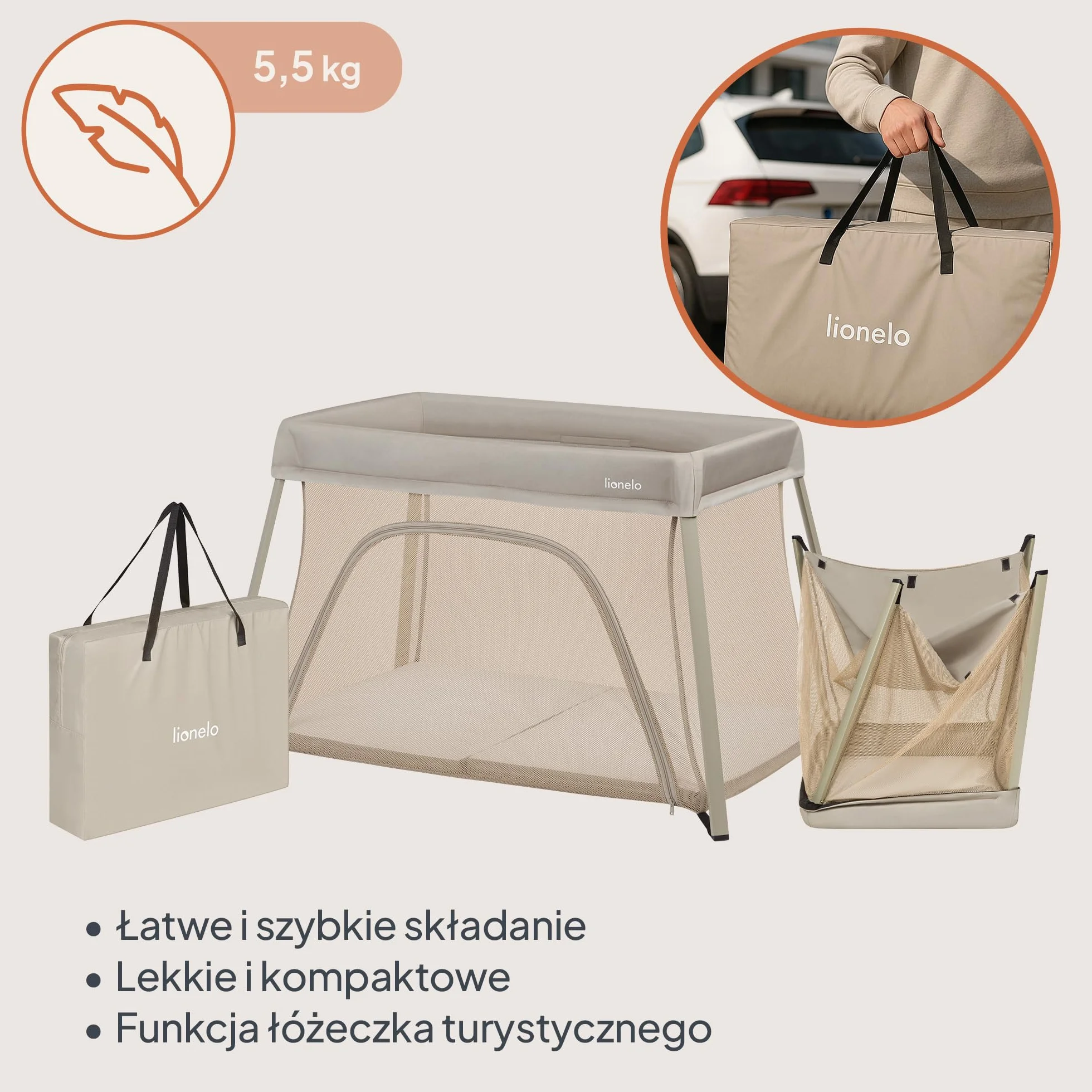 lionelo Łóżko podróżne do parku dziecięcego 3 w 1 Alicja 0-15 kg materac piankowy, 2 poziomy wysokości, składane, małe, lekkie, wejście boczne, torba podróżna (beżowy)
