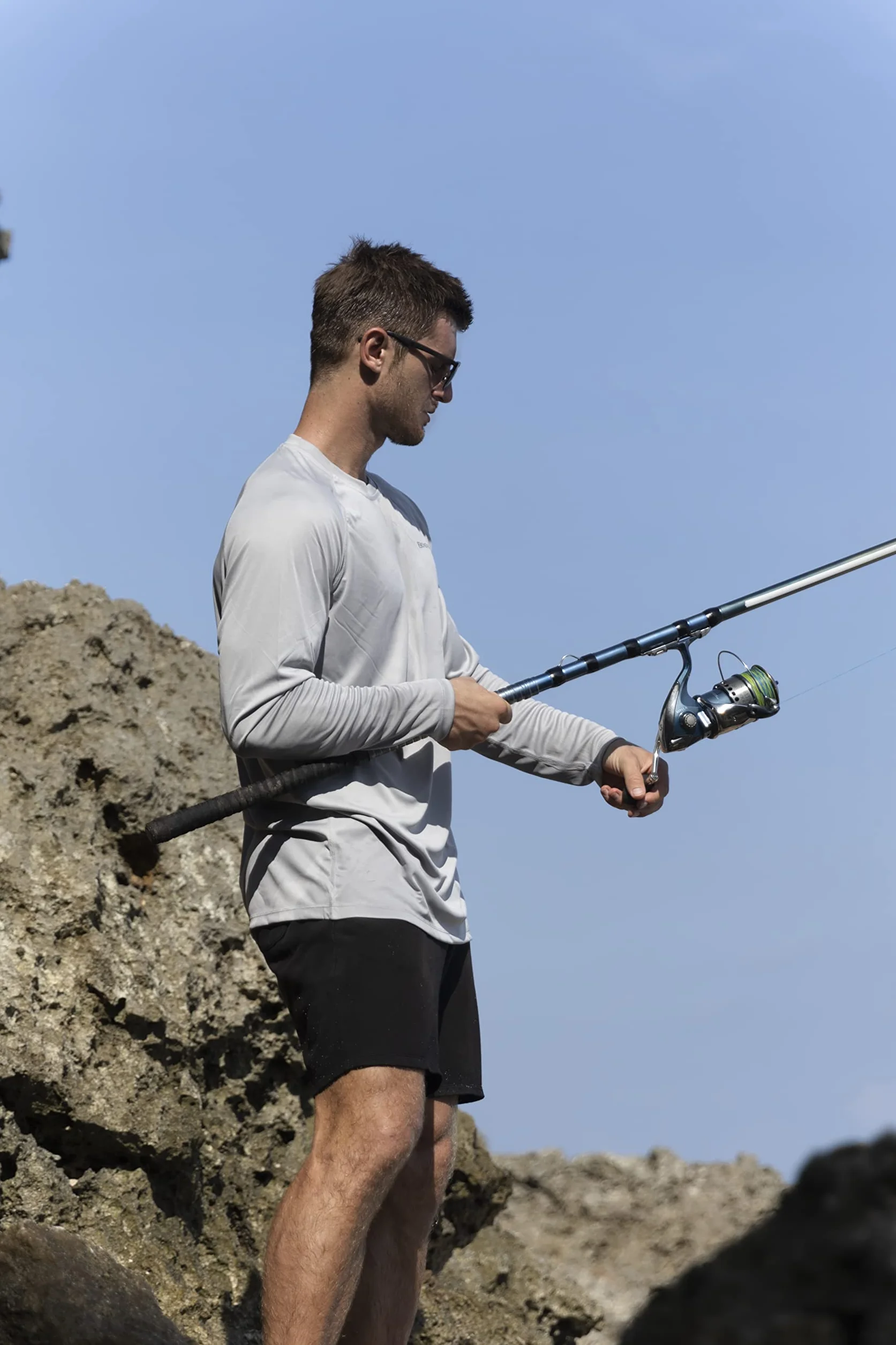ZENGVEE Męskie koszule kąpielowe UPF 50+, outdoorowe, z długim rękawem, ochrona przed słońcem, koszulki treningowe do uprawiania sportu, biegania, wędkowania, wędrówek, Biały Niebieski Szary, L