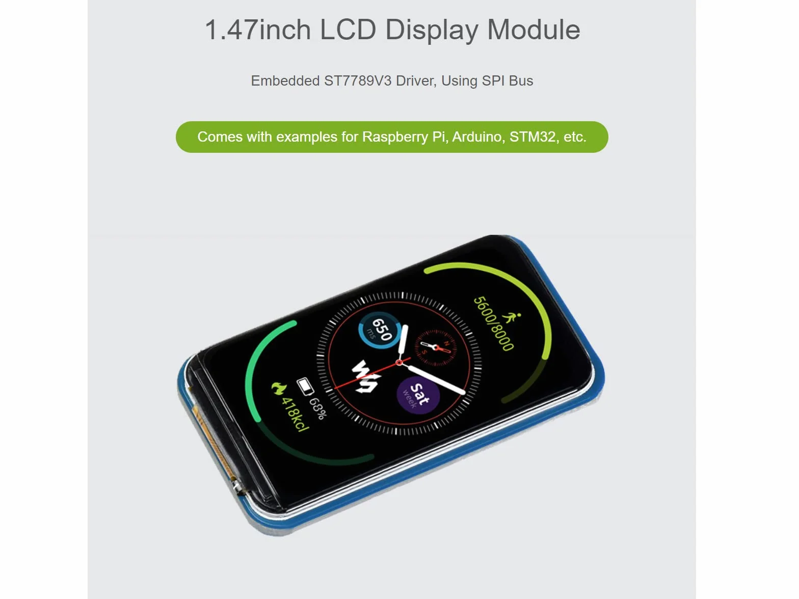 Waveshare 1.47inch LCD Display Module Compatible with Raspberry Pi Rounded Corners 172×320 Resolution with SPI Interface