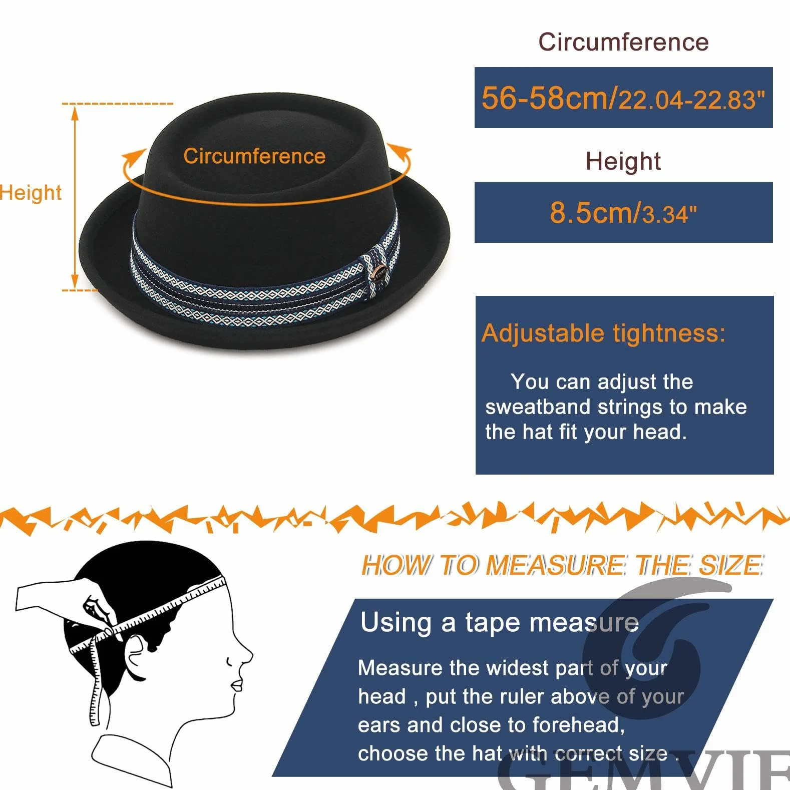 GEMVIE Kapelusz wieprzowy dla mężczyzn i kobiet 100% filcowy wełniany kapelusz Fedora Trilby czarny dorosły unisex kapelusze porkpie, Czarny + retro pasek, Rozmiar uniwersalny