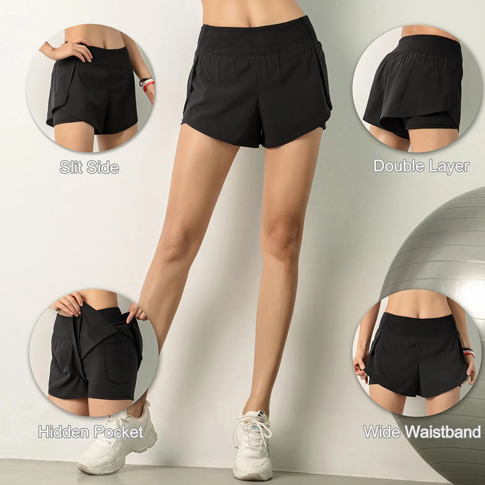 2 w 1 Kobiety Biegające Szorty z Szerokim Zasięgiem Kieszonkowym Warstwa Warstwy do Treningu Fitness Athletic Gym Homeswear, Sportowe Spodenki