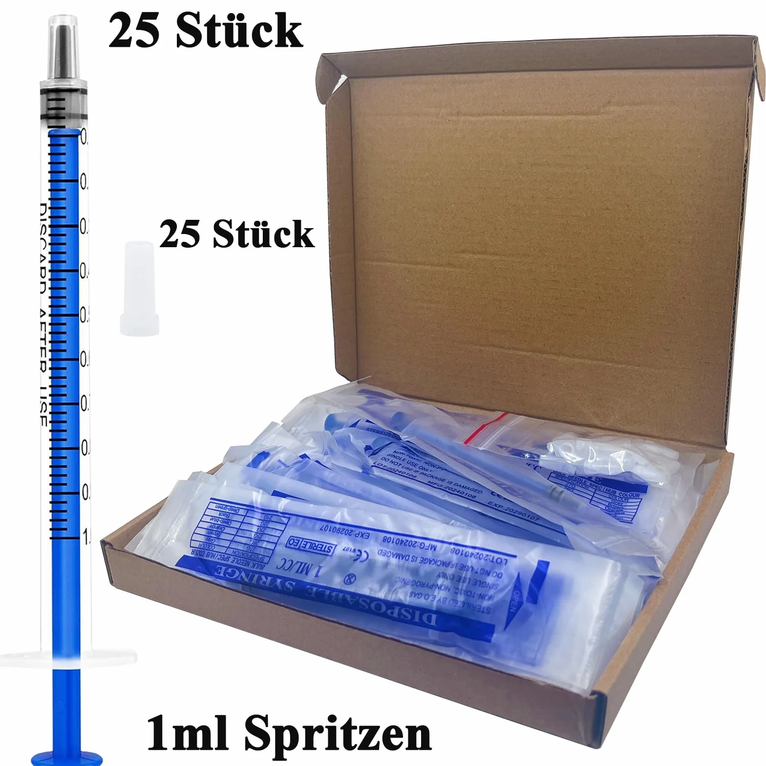 Strzykawki 1 ml, 25 sztuk jednorazowych strzykawek, sterylne strzykawki z siarą, plastikowa strzykawka z nasadką, bez igły, do laboratoriów naukowych, pomiaru przepływu, do hodowli zwierząt