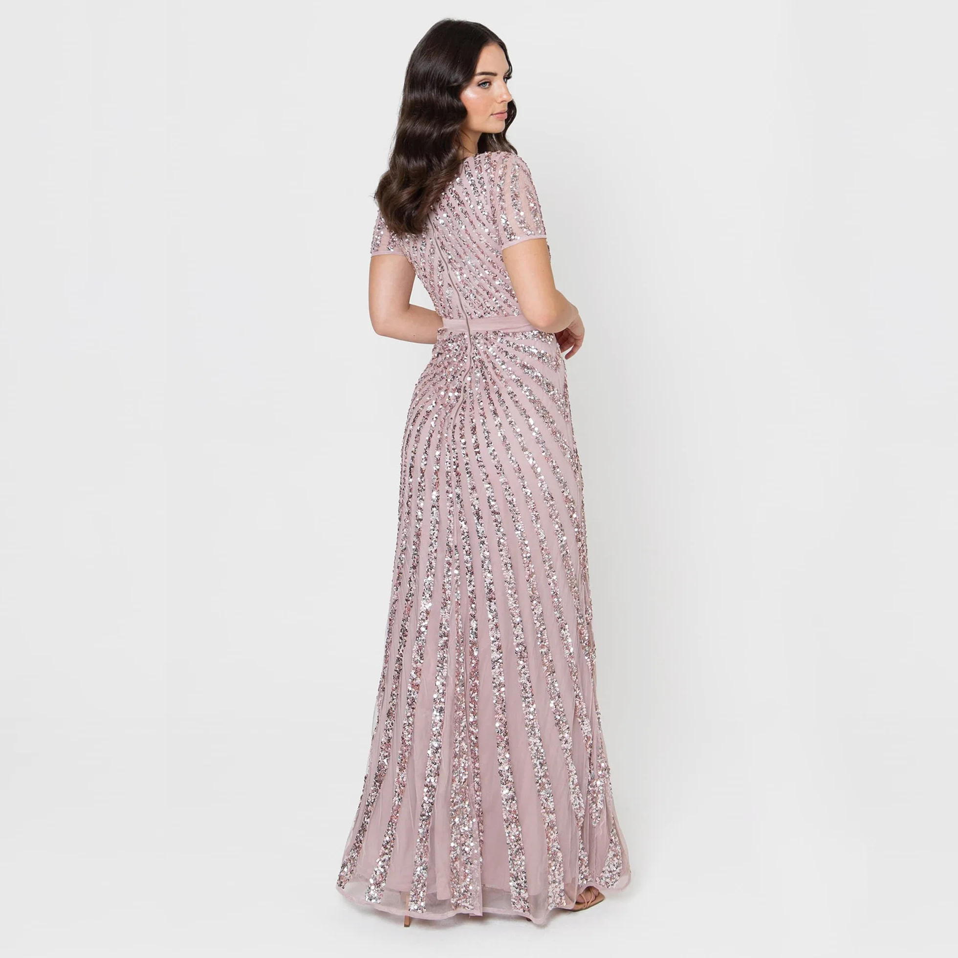 Maya Deluxe Maxi damska damska ozdobiona cekinami sukienka z długim rękawem w serek wysoka imperialna talia wycięty błyszczący bal suknia ślubna damska sukienka druhny, Frosted Pink, 52