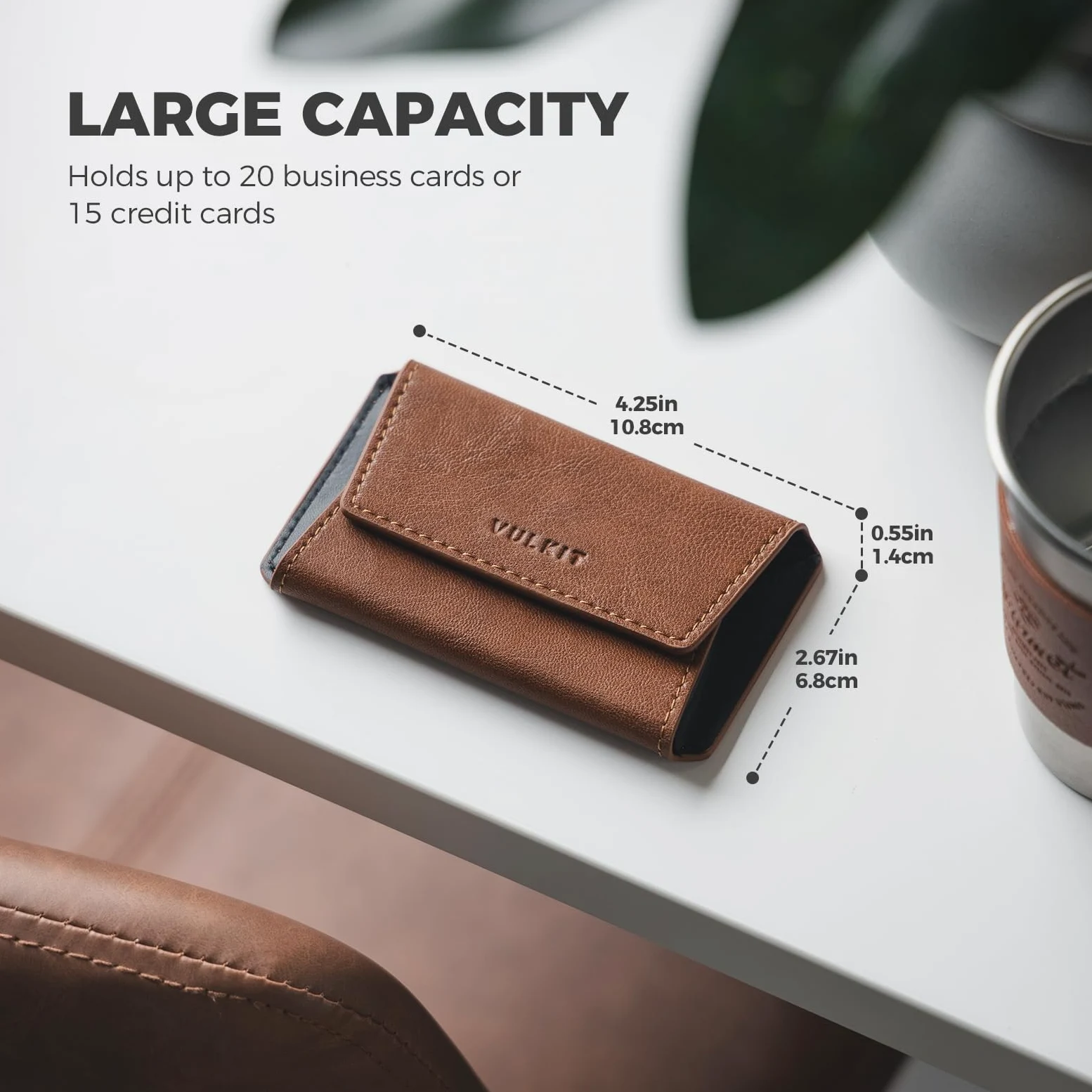 VULKIT Skórzane etui na wizytówki dla mężczyzn, smukłe kieszonkowe etui na wizytówki, etui na wizytówki, pomieści 20 wizytówek, Brązowy, Cienkie