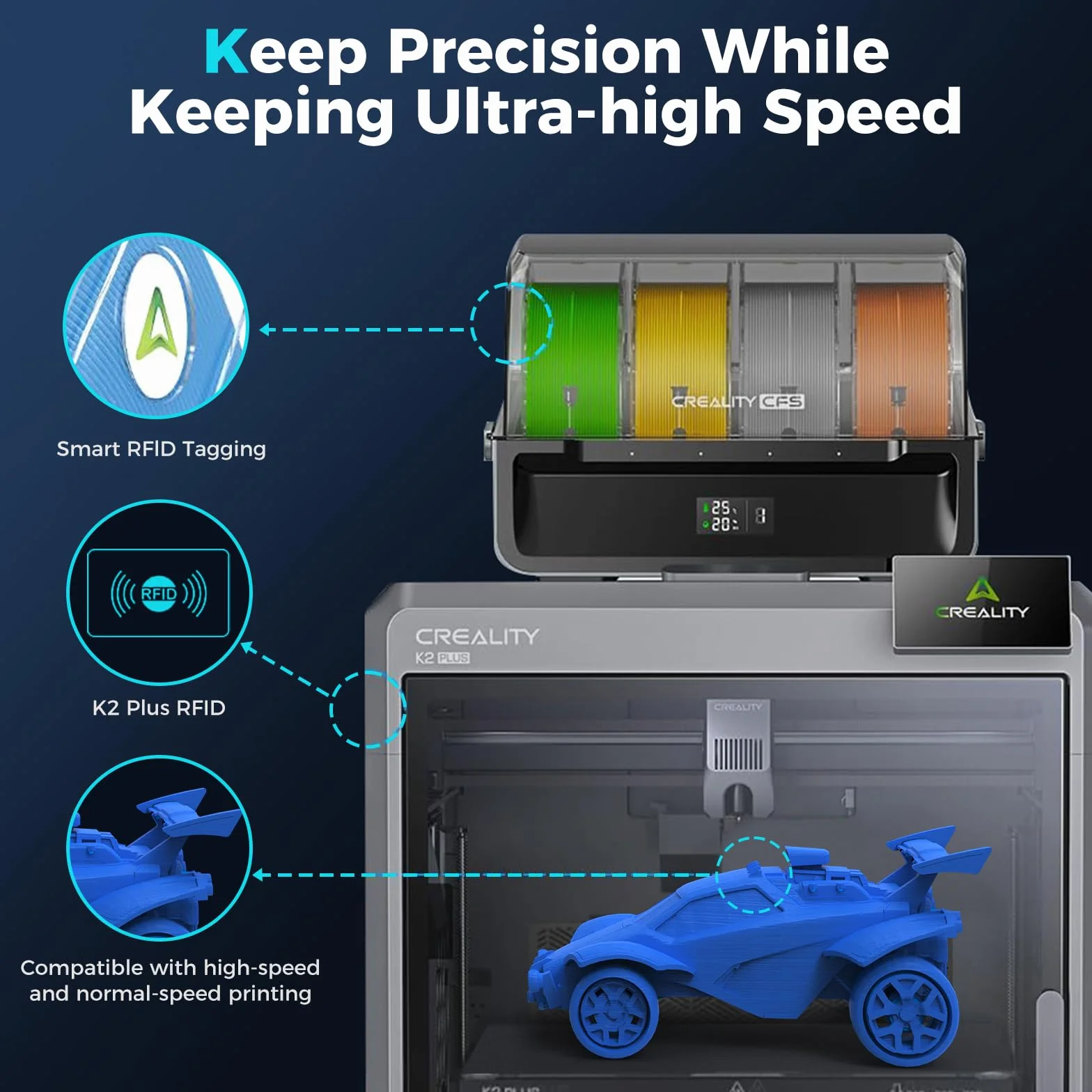 Creality Filament PLA, Hyper PLA RFID filament do drukarki 3D – wysoka prędkość 30-600 mm/s, szpula 1 kg (2,2 lbs) z obsługą CFS, kompatybilny z K2 Plus Combo i większością drukarek 3D, czarny
