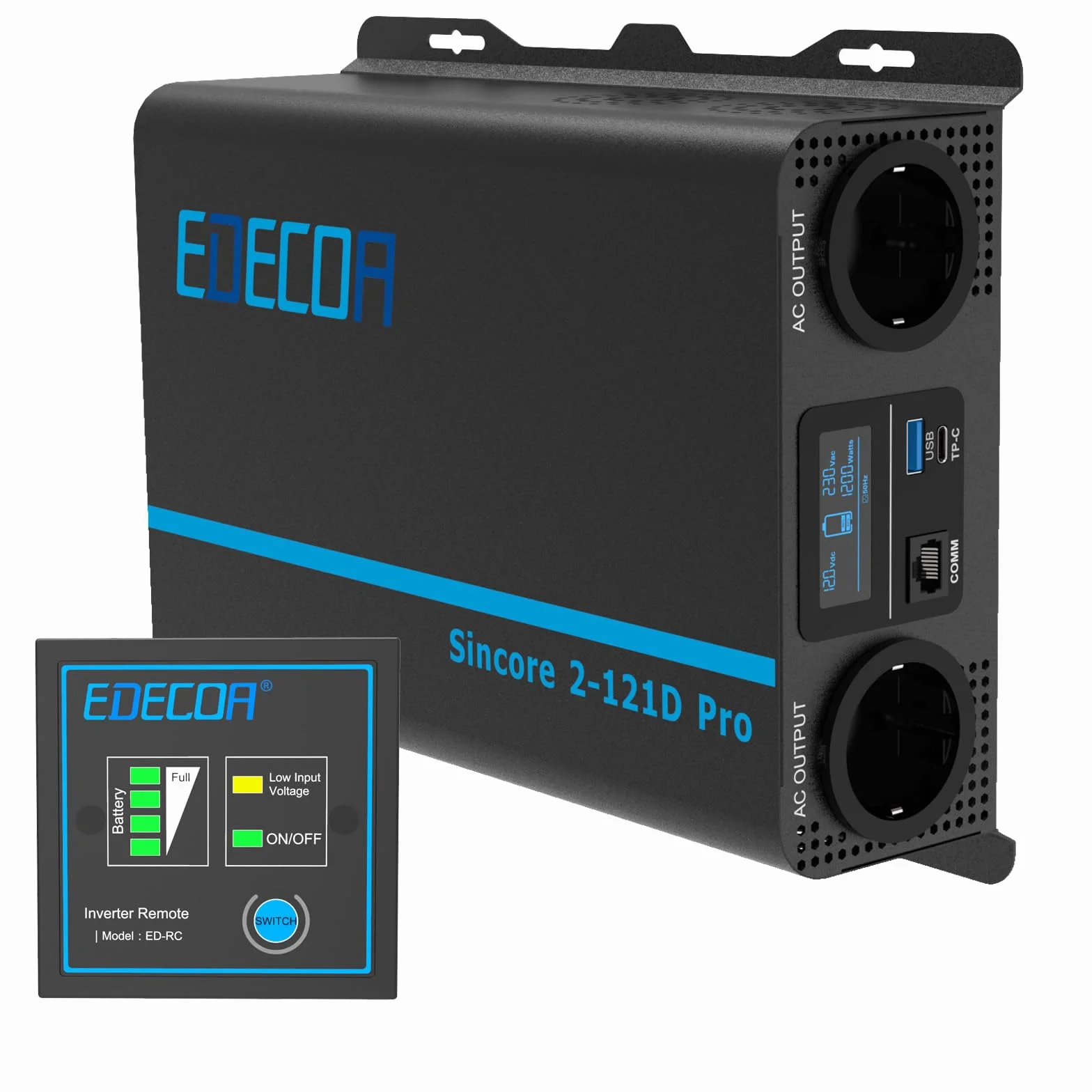 EDECOA Przetwornica 1200W/2400W 12V do 230V Czysty Sinus Falownik, Falownik Solarny 1200W 12v DC do 230v AC, Inwerter z Pilotem LCD, Dostępne Interfejsy USB i Typu C