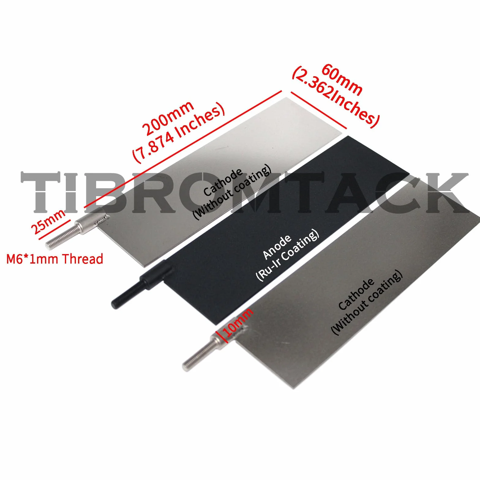 [3 szt.] 1 szt. Elektroda anodowa tytanowa MMO z powłoką Ru-Ir i 2 szt. Katody tytanowe (płyty 200x60mm i zacisk 25mm) do elektrolizy/uzdatniania wody/powlekania