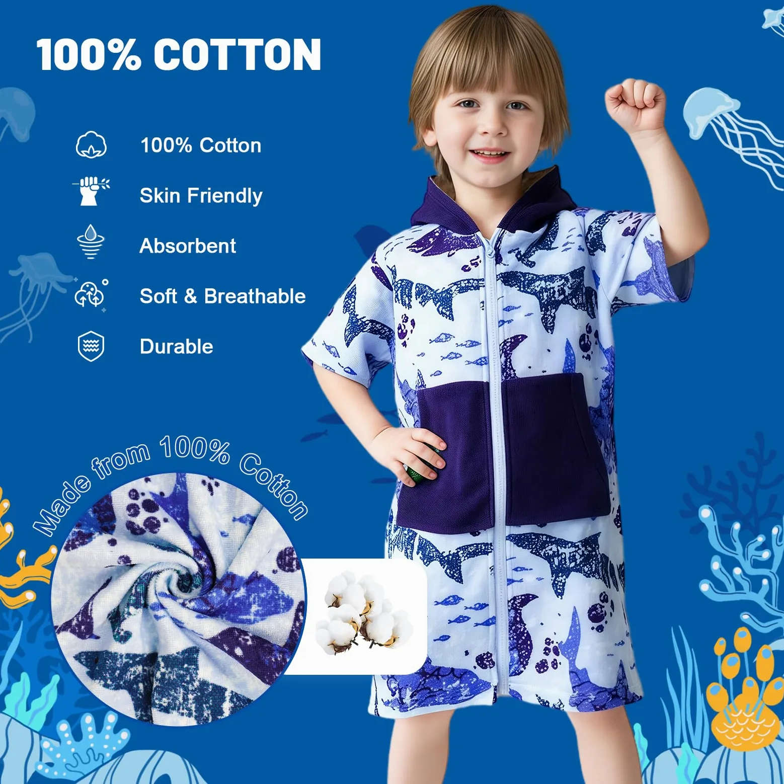 MOEMOE BABY Ręczniki z kapturem dla dzieci szlafrok kąpielowy ponczo zamek błyskawiczny ręcznik plażowy z kapturem 100% bawełniane ponczo ręczniki dla chłopców, S, niebieski rekin