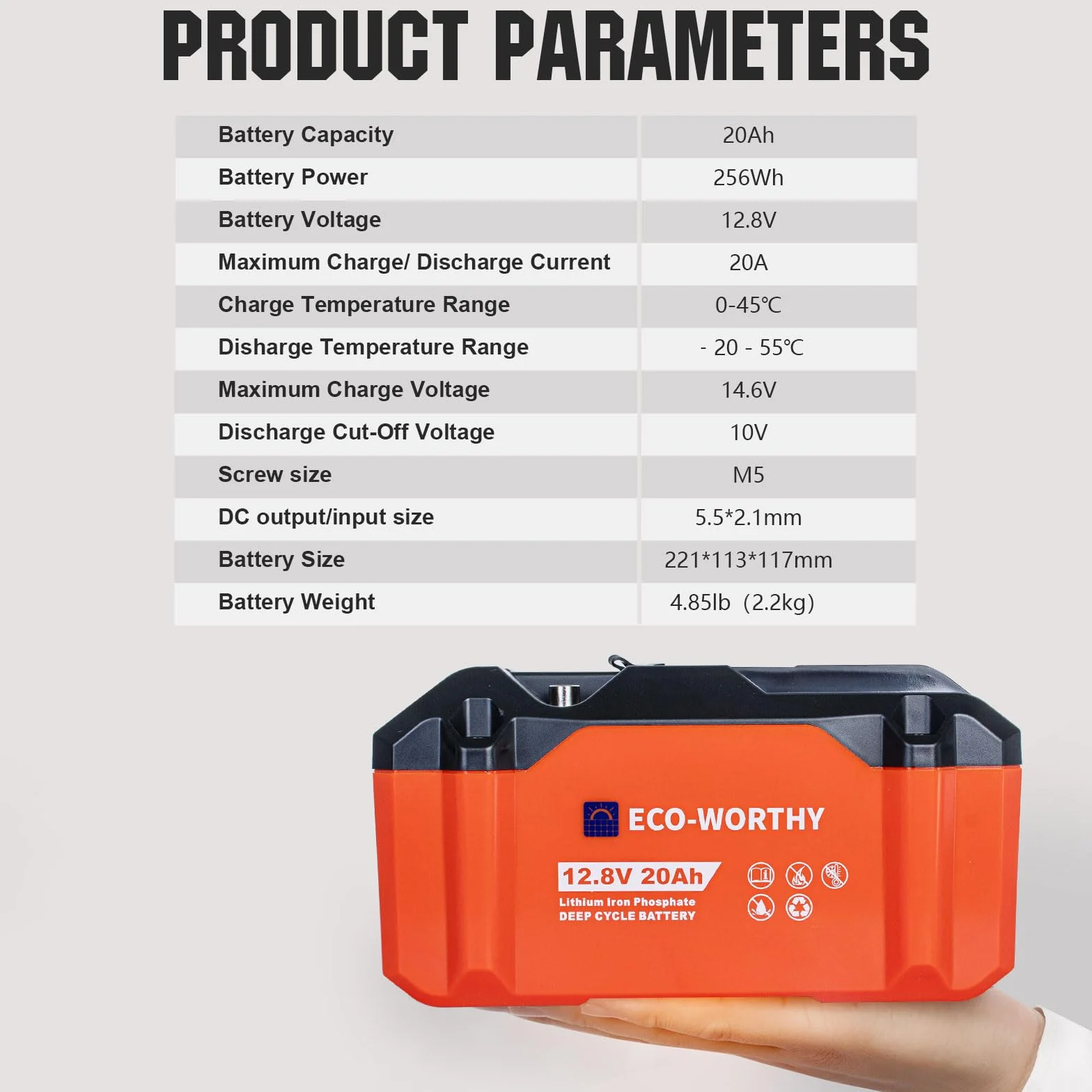 ECO-WORTHY LiFePO4 akumulator litowy 12 V, 20 Ah, do ponownego ładowania, 3000-15000 cyklów głębokich i ochrona BMS do silnika trollingowego, wózka inwalidzkiego, na kemping