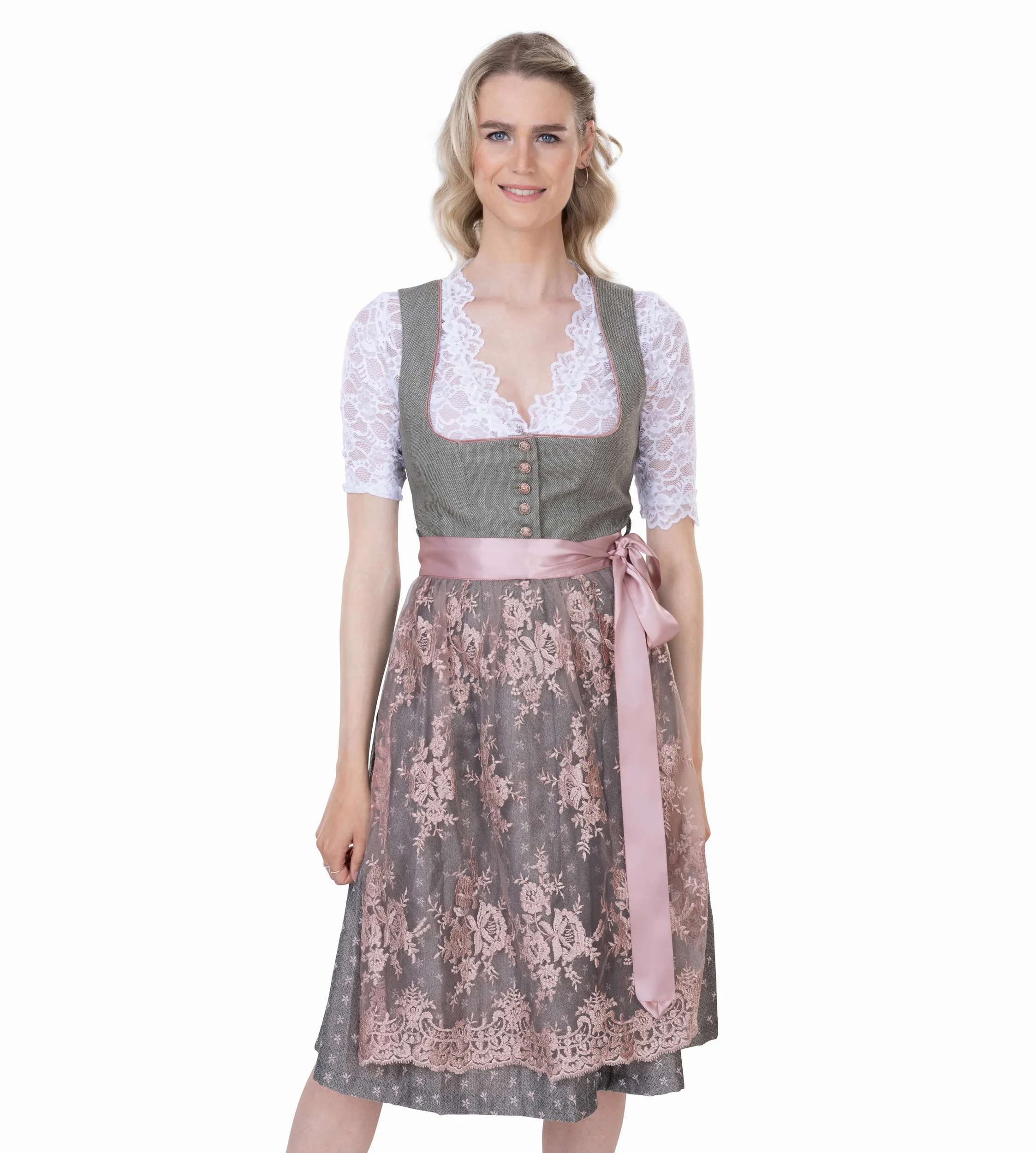 Schöneberger Dirndl Dirndl z zapięciem na guziki i koronkowym fartuchem – elegancki żakardowy Dirndl w kolorze różowym/szarym – Midi Isabella
