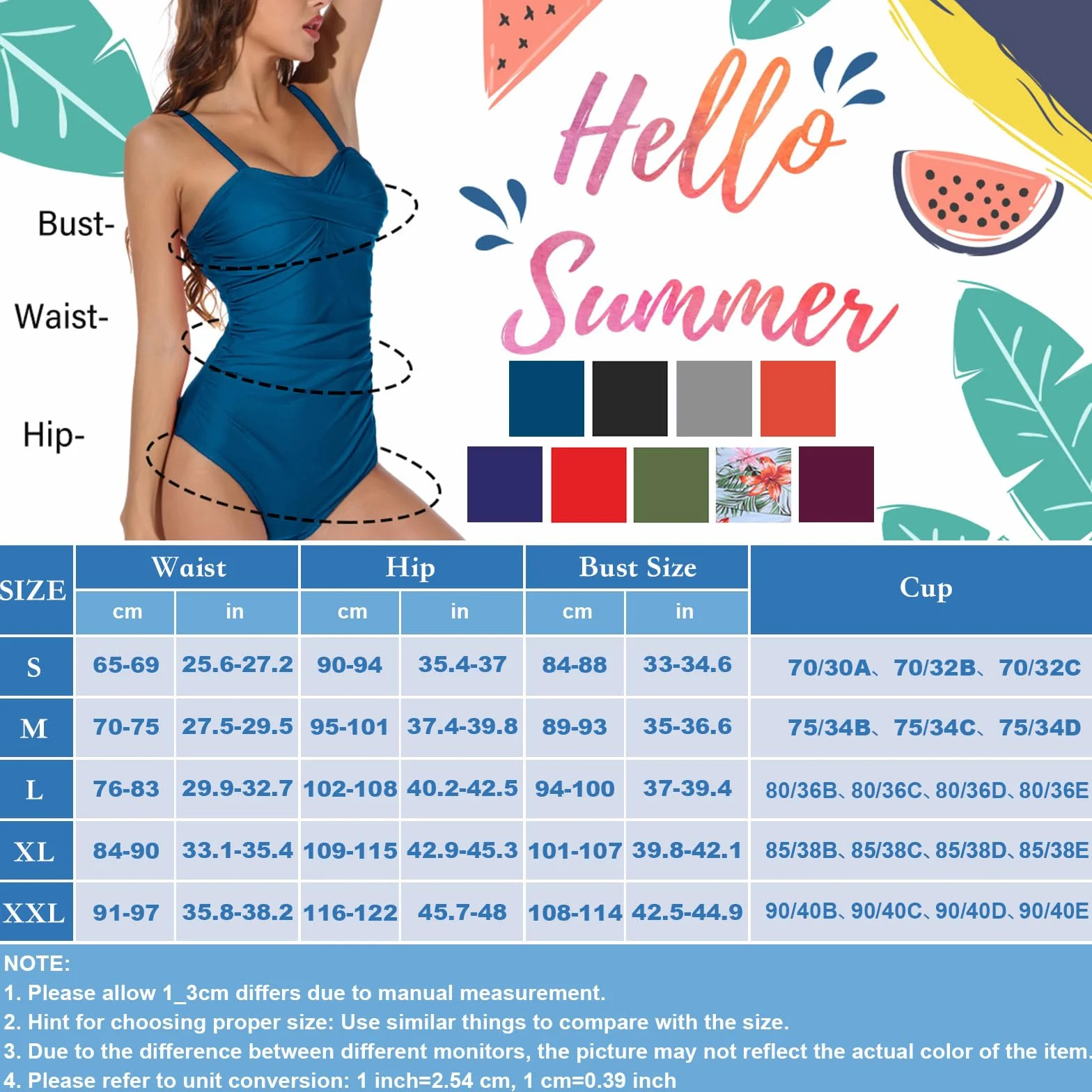 Yuson Girl Damski kostium kąpielowy, wyszczuplający brzuch, jednoczęściowy, push up, monokini, seksowny strój kąpielowy dla kobiet, z regulowanymi ramiączkami