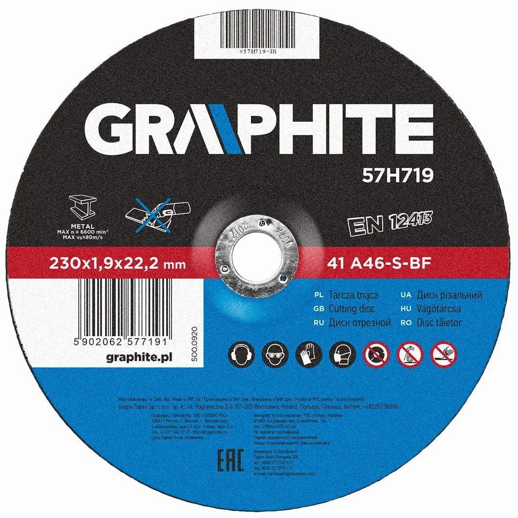 GRAPHITE Tarcza tnąca do metalu 230 x 1.9 x 22.2 mm 41 A46-S-BF dzięki zaawansowanej konstrukcji i redukcji grubości pozwala znacząco skrócić czas cięcia; Wysoki poziom bezpieczeństwa pracy; EN12413
