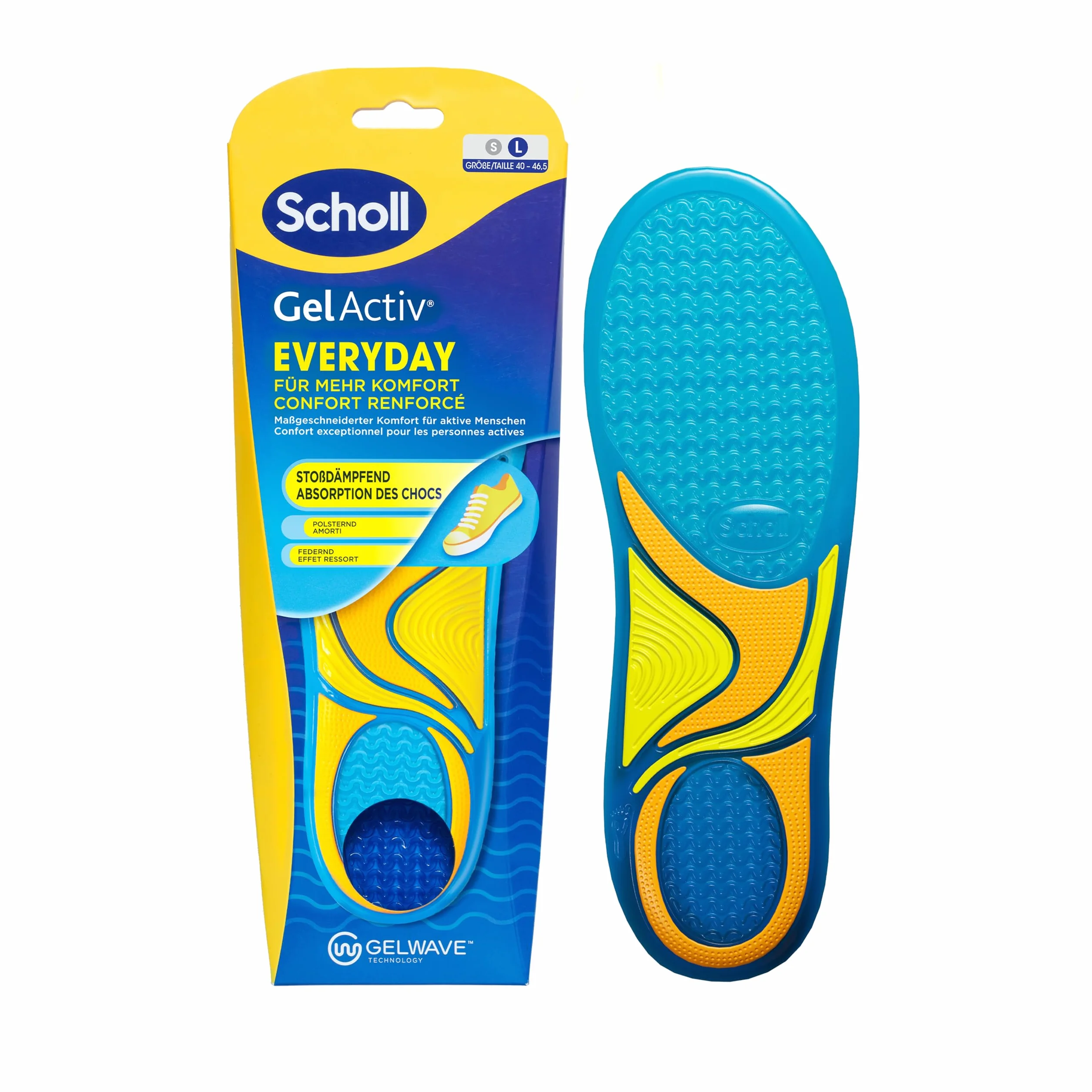 Scholl GelActiv Everyday wkładki dla mężczyzn, komfortowe stopy przez cały dzień, amortyzacja z pianki z pamięcią kształtu i technologia GelWave dopasowują się do stóp i zapewniają najwyższy komfort