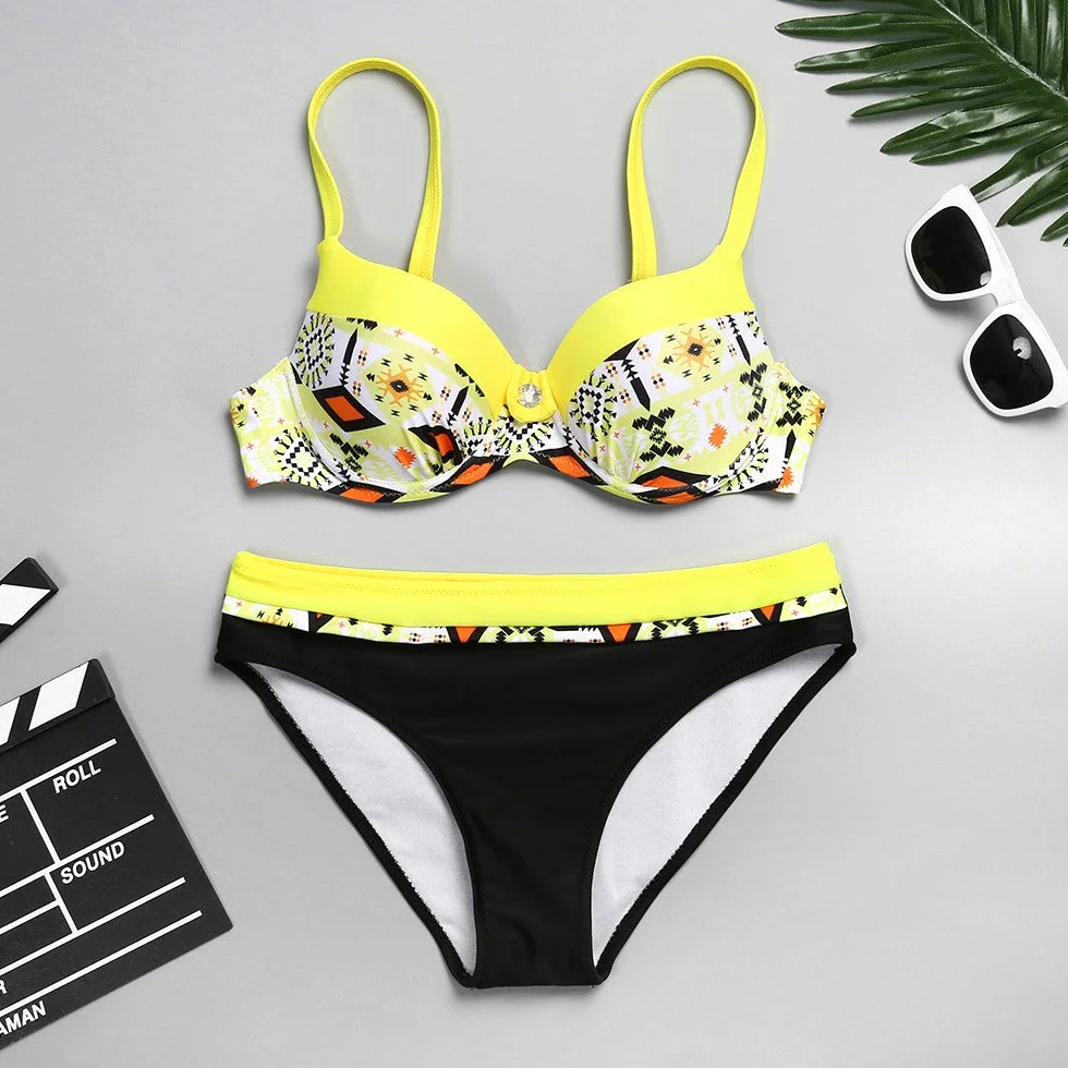 Damski zestaw bikini push-up trójkątne z miseczkami wiązany na szyi dwuczęściowy kostium kąpielowy
