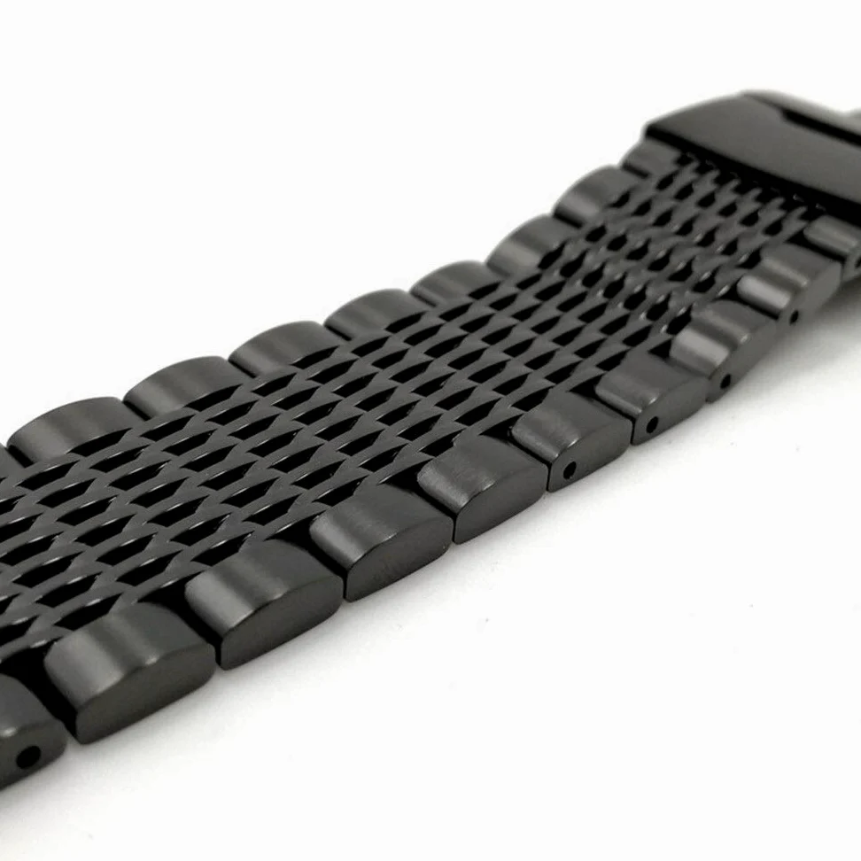 20/22/24mm HQ Shark Mesh zilver zwart pasek do zegarka ze stali nierdzewnej bransoletka zamienna mężczyźni składane zapięcie pasek do zegarka bezpieczeństwa (kolor: zwart, rozmiar: 22mm)