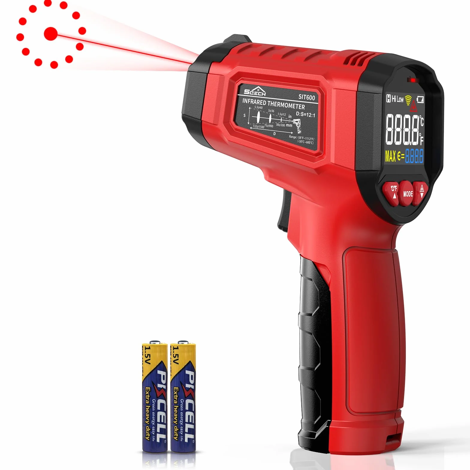 Termometr na Podczerwień, SQECH Termometr Laserowy -50℃ ~ 600℃ (-58℉ ~ 1112℉), z Regulowaną Emisyjnością i Kolorowym Podświetleniem, do Gotowania, Pieca do Pizzy, Lodówki (Czerwony)