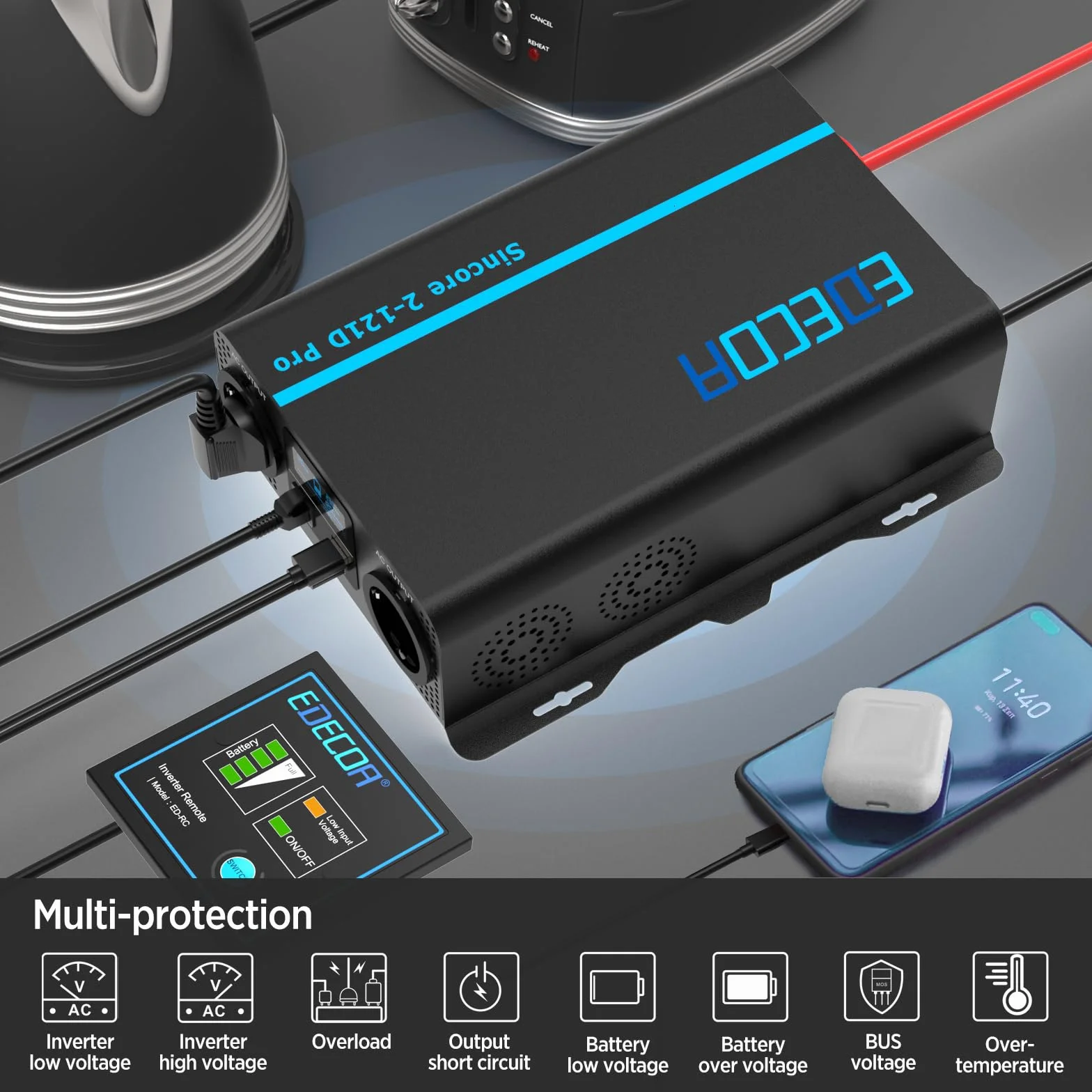EDECOA Przetwornica 1200W/2400W 12V do 230V Czysty Sinus Falownik, Falownik Solarny 1200W 12v DC do 230v AC, Inwerter z Pilotem LCD, Dostępne Interfejsy USB i Typu C