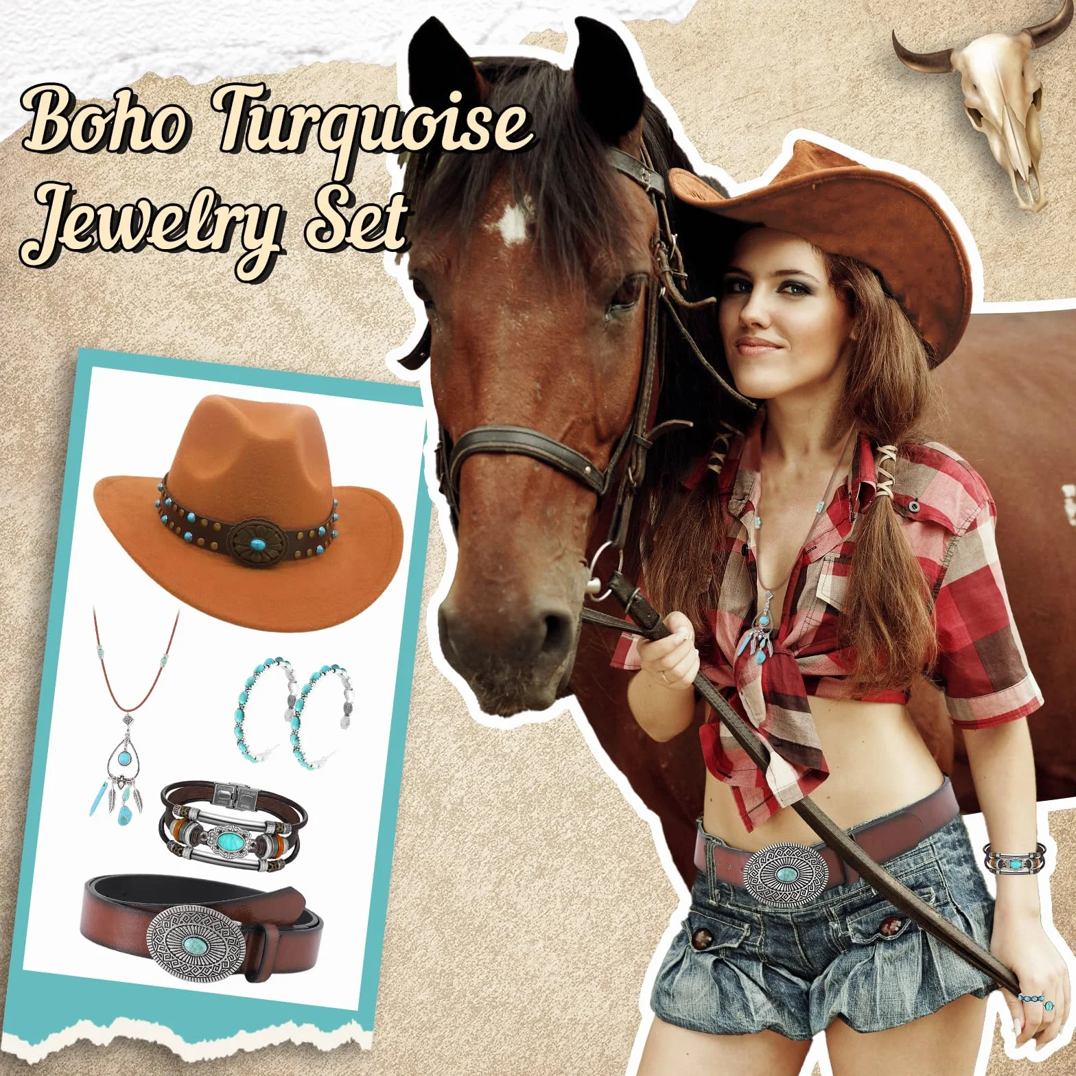 Zestaw 7 sztuk akcesoriów do kapelusza kowbojskiego dla kobiet, zestaw kostiumów western cowgirl z kapeluszami kowbojskimi, paskiem, naszyjnikiem boho, kolczykami, pierścionkami