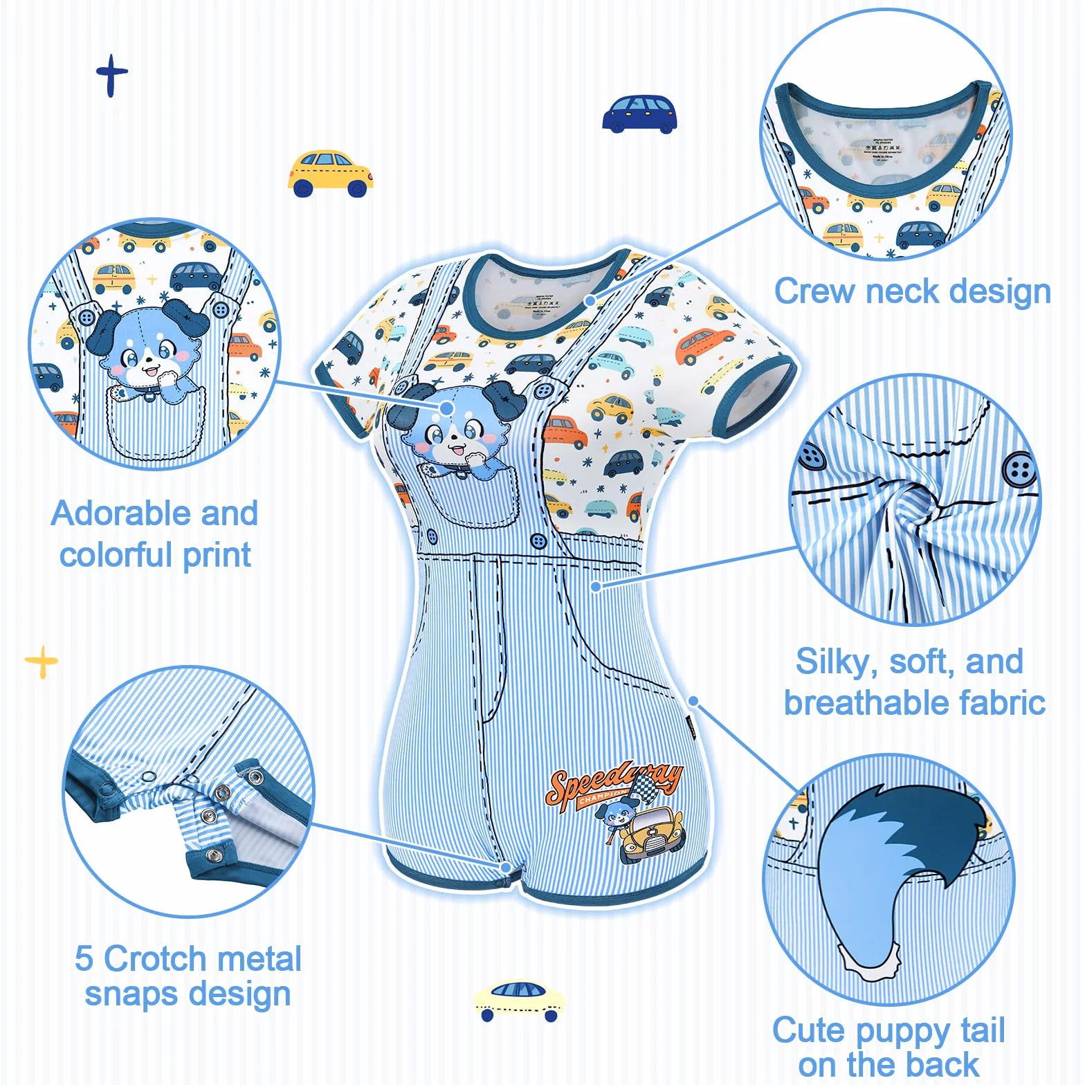 LittleForBig Jedwabiste śpioszki Onesie Piżama Bodysuit Little Blue Furrytail Racecar