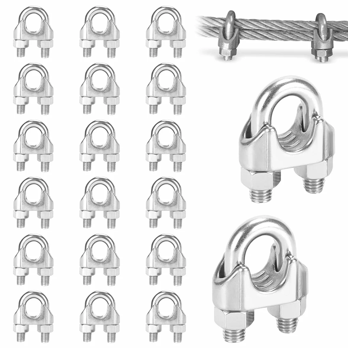 20 sztuk zacisków linowych 4 mm, stal nierdzewna 304, zacisk linowy do lin stalowych 4 mm, nierdzewny zacisk pałąkowy, zaciski linowe M4, zacisk linowy do żagli przeciwsłonecznych, lin do prania