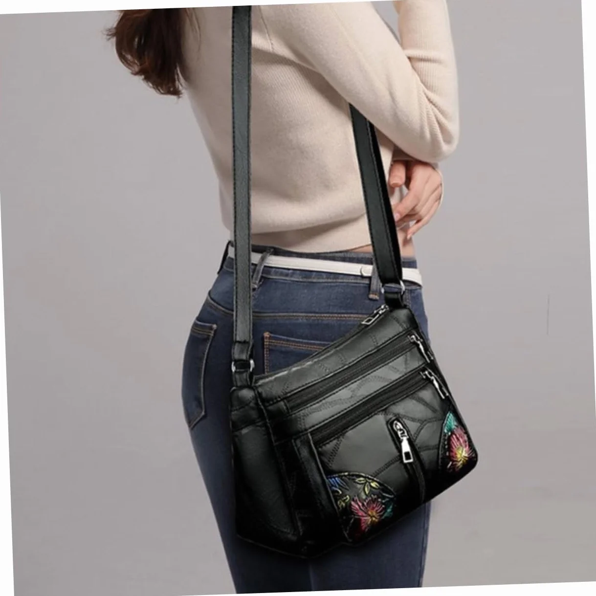 CALLARON Skórzana Torba Na Zewnątrz Damska Torba Na Ramię Modna Torba Typu Crossbody Dla Dziewcząt Kieszenie Na Zamek Błyskawiczny Mini Torby Dla Dziewcząt Czarna
