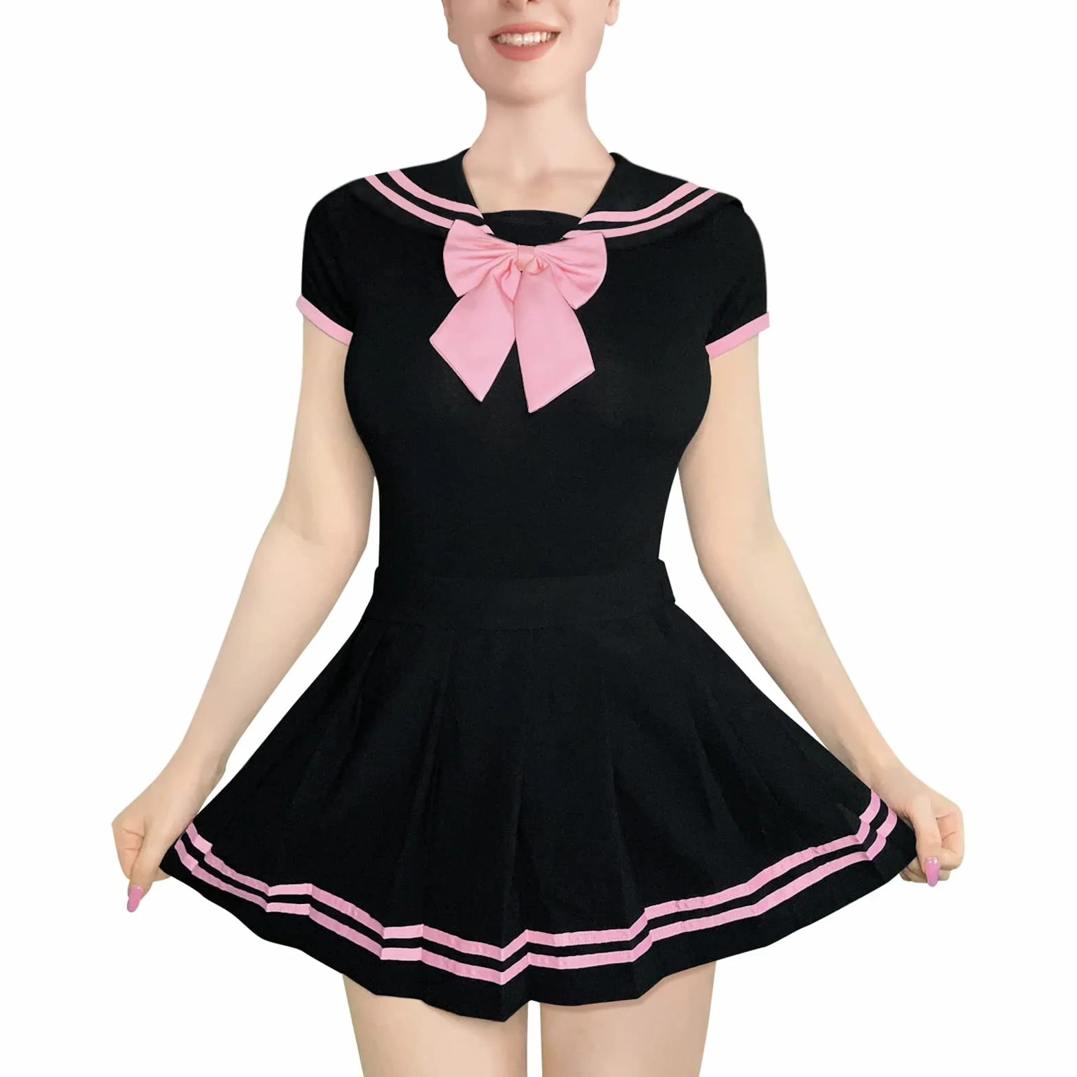 LittleForBig Bawełniany Romper Onesie Piżama Bodysuit - Klasyczny japoński komplet spódniczki dla dziewczynek pełna czerń M