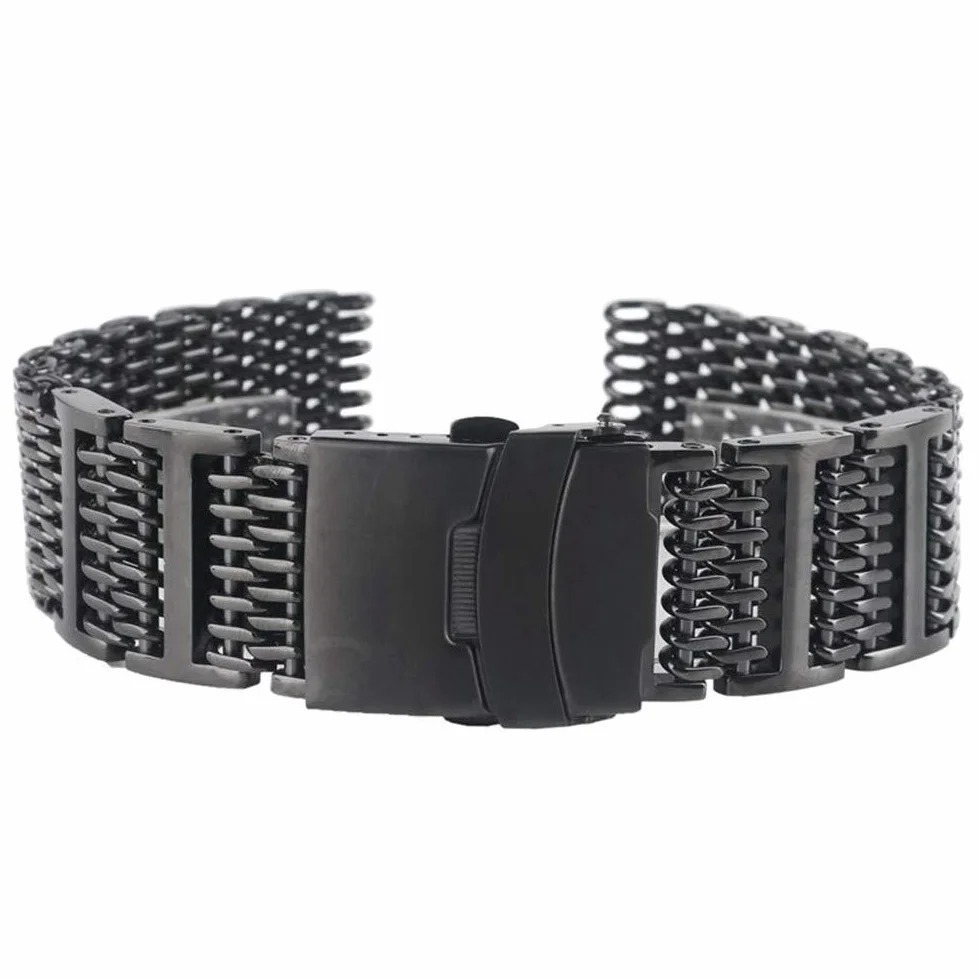 20mm 22mm 24mm Męski pasek do zegarka ze stali nierdzewnej Shark Mesh Pasek na nadgarstek Luksusowa wymiana bransoletki Zwart Push Button (jeden kolor 24mm)
